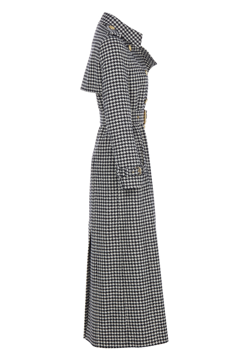 side of womens black and white houndstooth double breasted full length wool trench coat