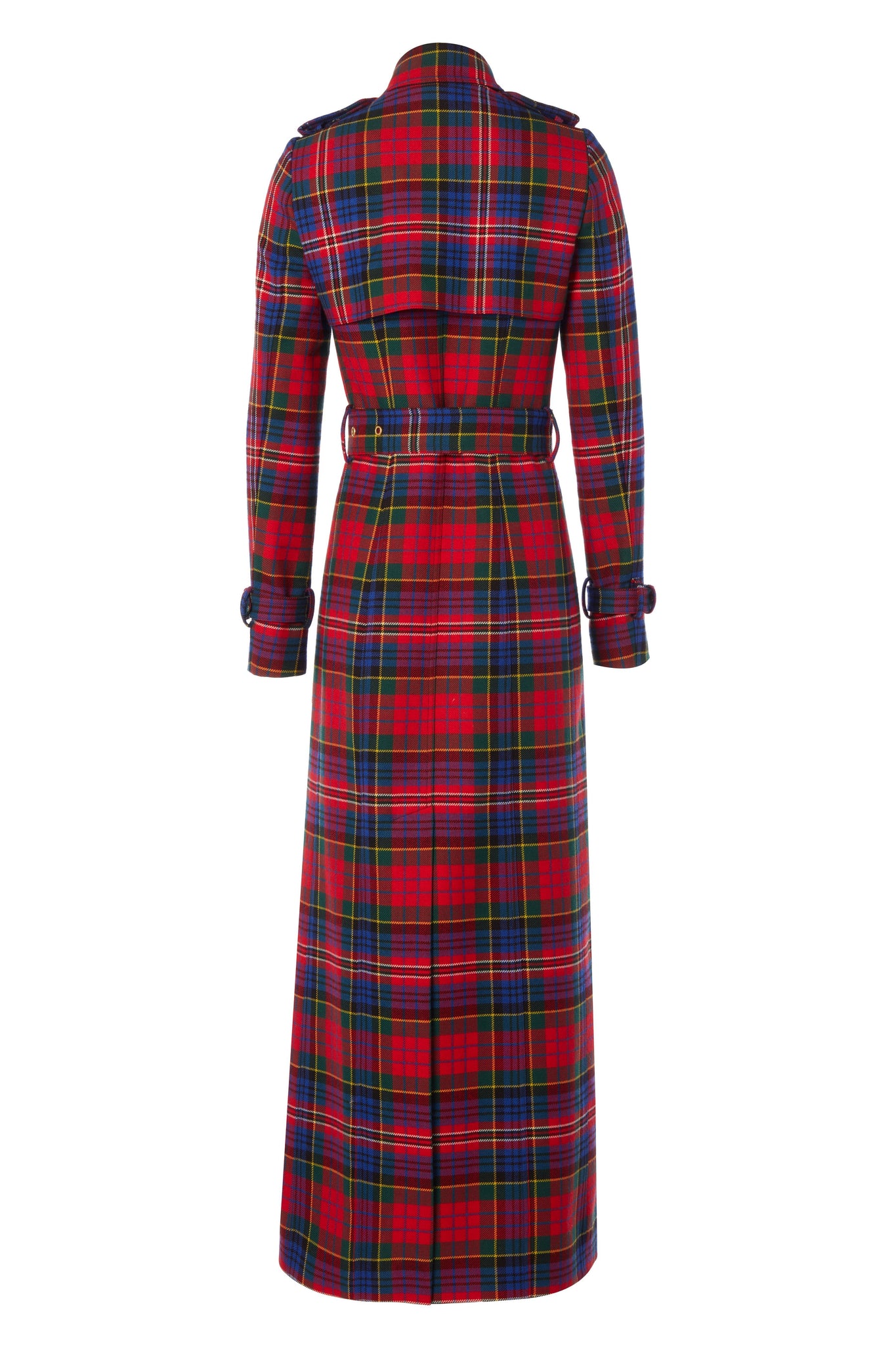 back of womens red green bright blue tartan double breasted full length wool trench coat