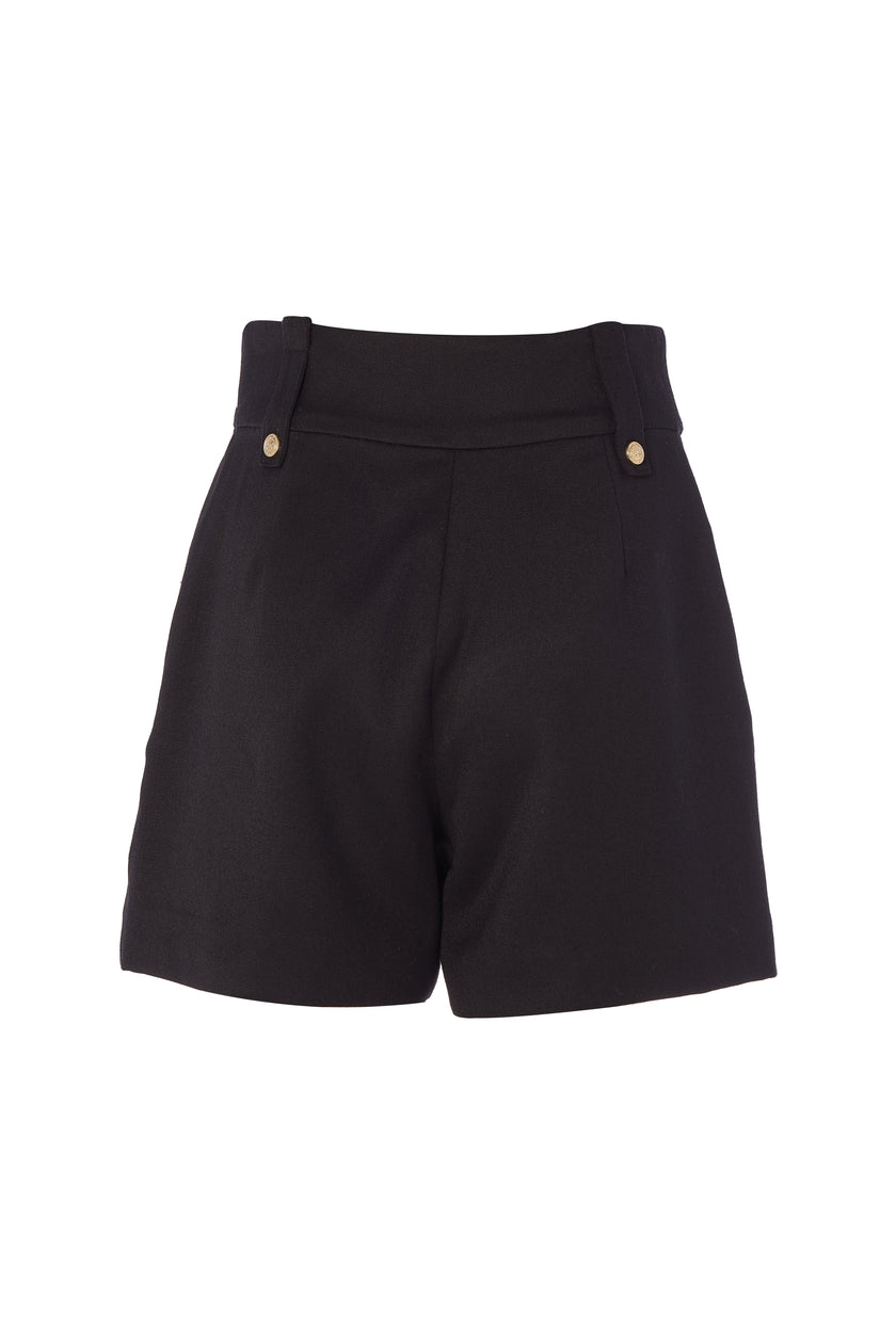 back of womens black high rise tailored shorts with two single knife pleats and centre front zip fly fastening with twin branded gold stud buttons and side hip pockets with branded rivet detailing at top and bottom of pockets