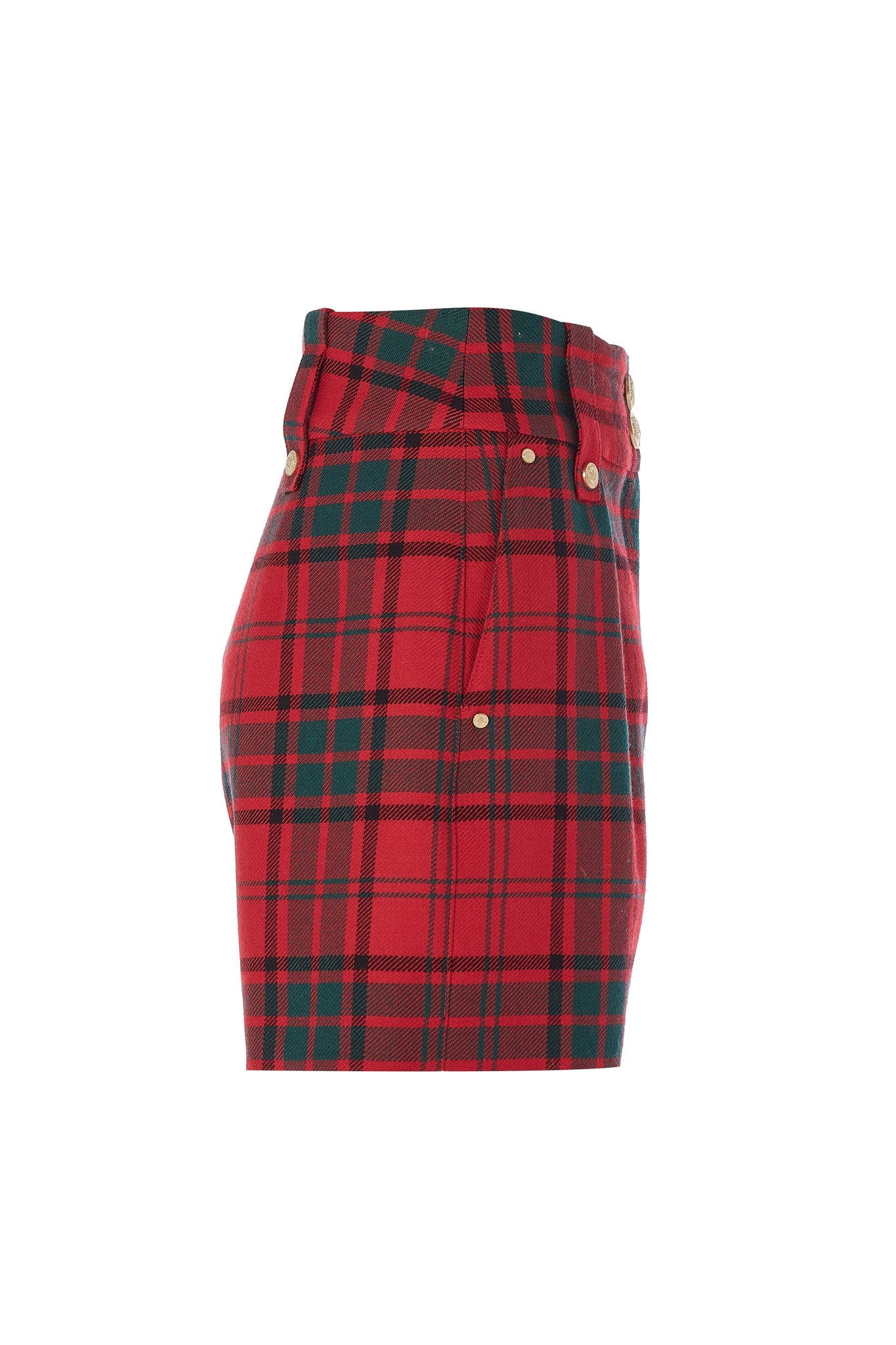 side of womens red and black tartan high rise tailored shorts with two single knife pleats and centre front zip fly fastening with twin branded gold stud buttons and side hip pockets with branded rivet detailing at top and bottom of pockets