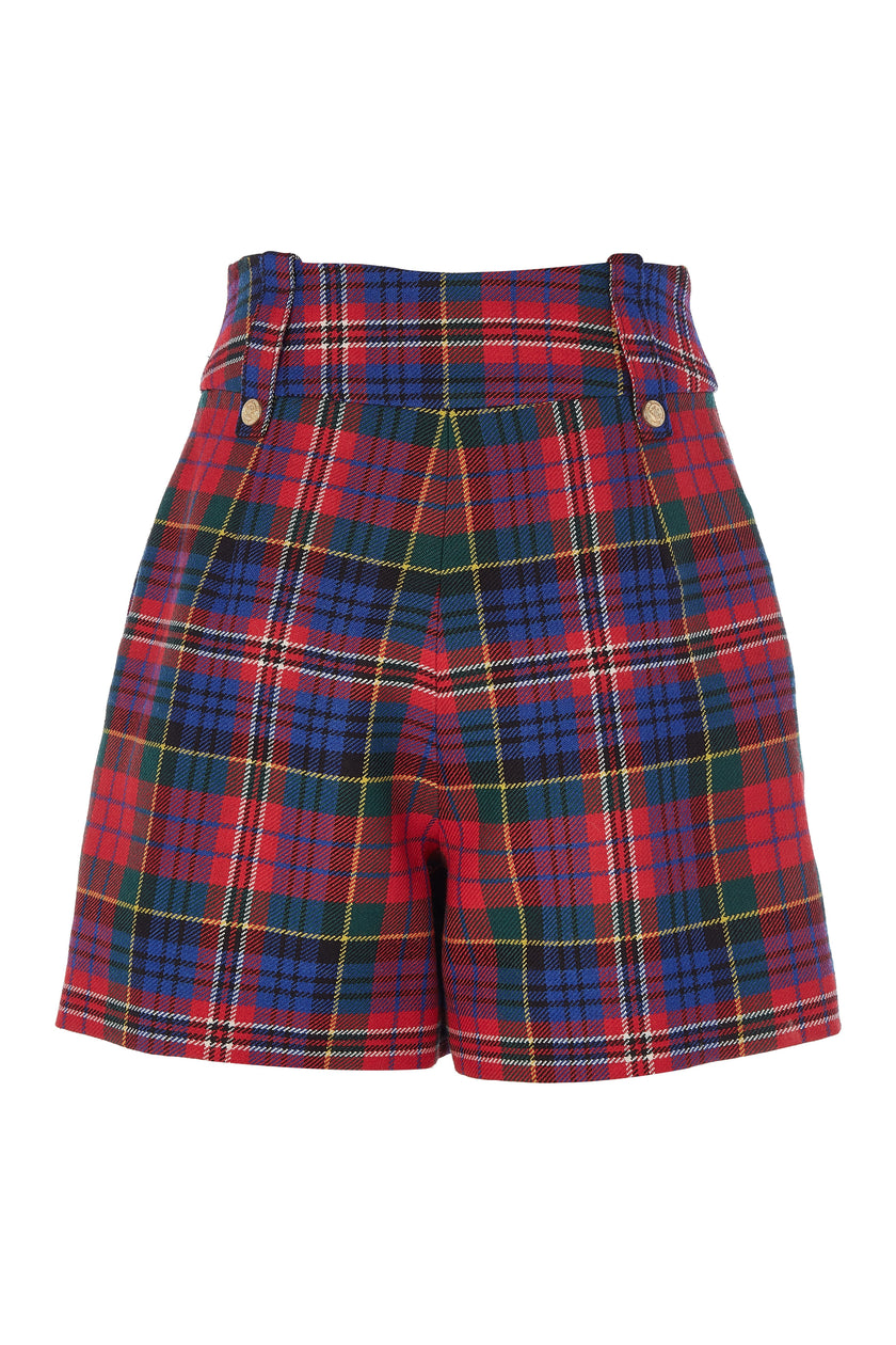 back of womens red blue and green tartan high rise tailored shorts with two single knife pleats and centre front zip fly fastening with twin branded gold stud buttons and side hip pockets with branded rivet detailing at top and bottom of pockets