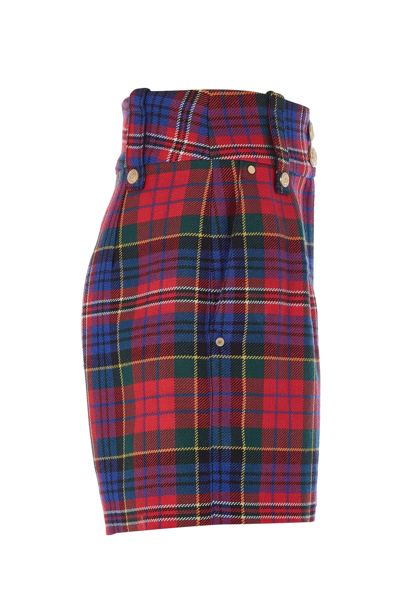 side of womens red blue and green tartan high rise tailored shorts with two single knife pleats and centre front zip fly fastening with twin branded gold stud buttons and side hip pockets with branded rivet detailing at top and bottom of pockets