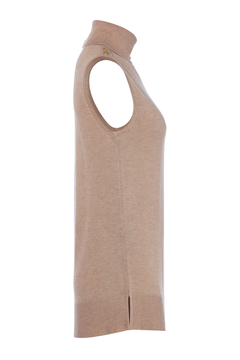 side of fitted lightweight sleeveless rollneck knit in camel with gold button detail across shoulders highlighting split hem