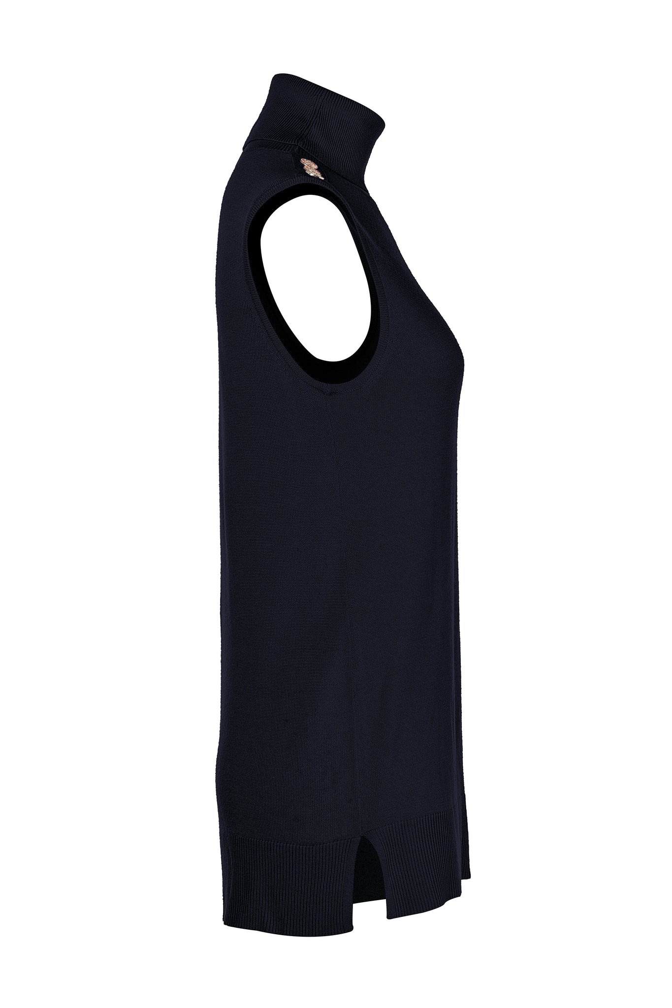 side of fitted lightweight sleeveless rollneck knit in black with gold button detail across shoulders highlighting split hem