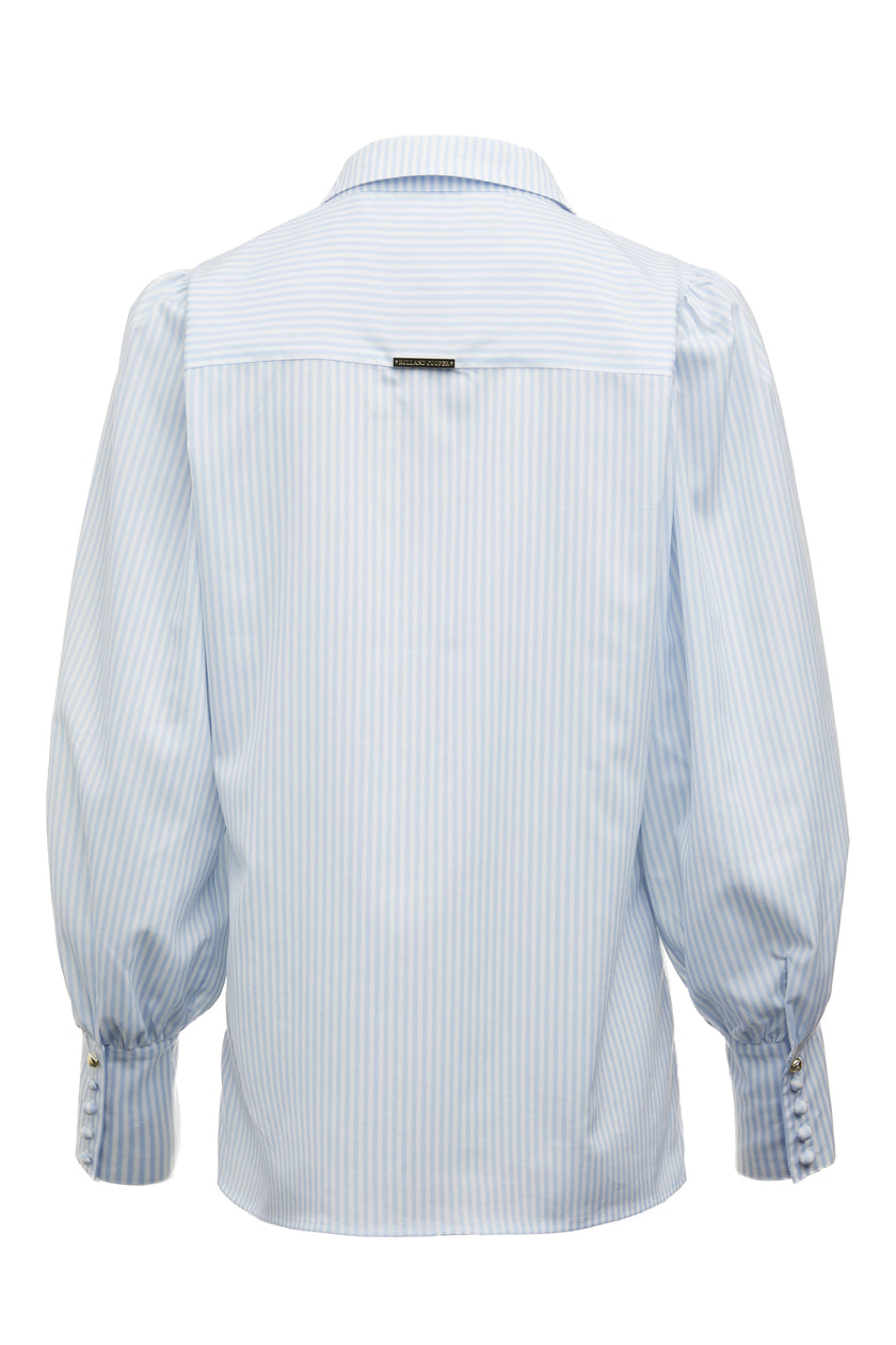 back image of  classic fitted shirt with long sleeves and subtle puffy shoulders with thin blue and white stipe print design with extra long cuffs and rounded collar detailed with fabric buttons 