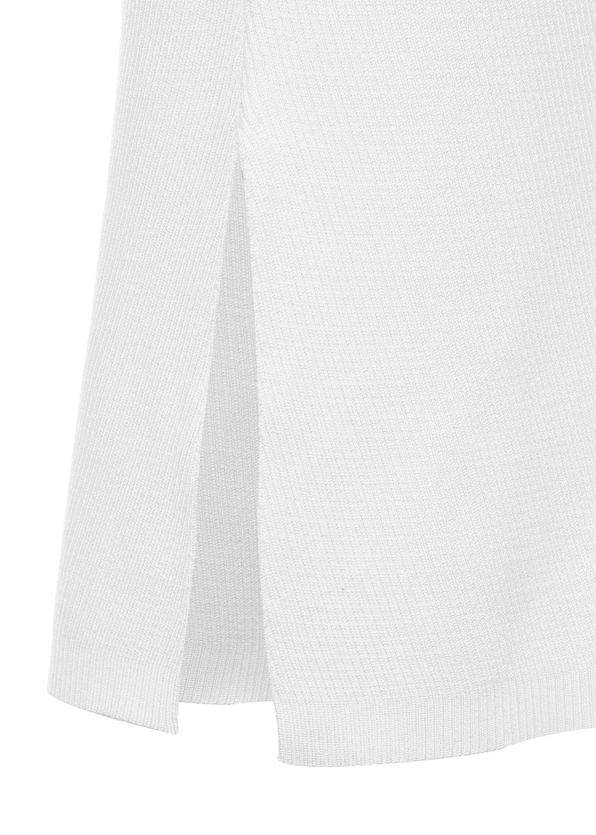 detail shot of slit on womens ribbed white v neck midi length dress with gold buttons 