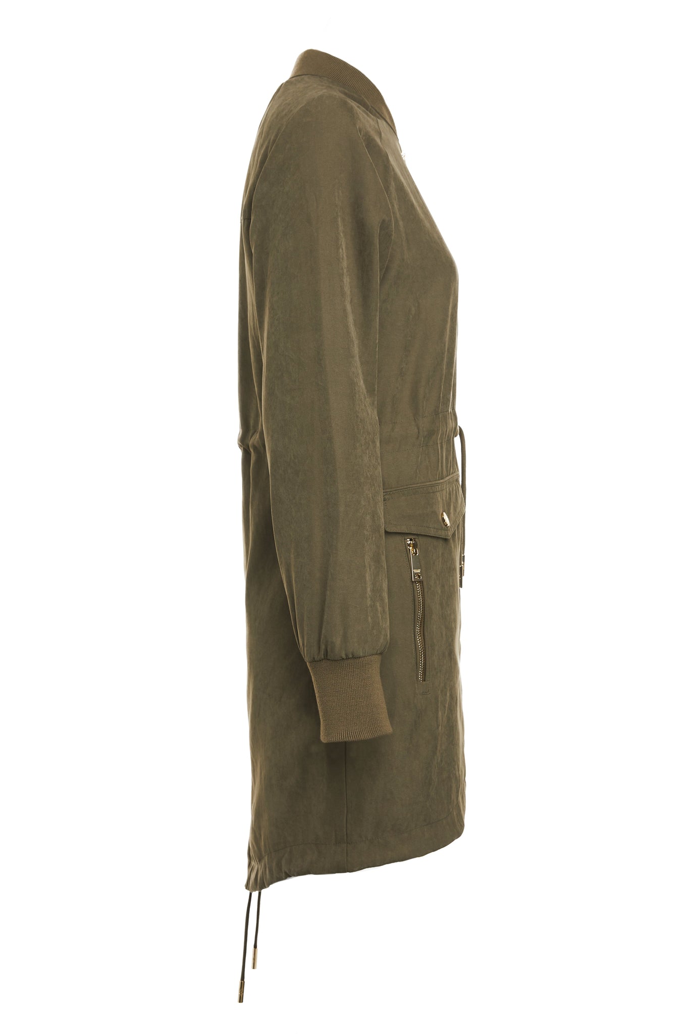 side of brushed suede longline lightweight parka jacket in khaki with an adjustable drawstring waist and fishtail hem and ribbed baseball style jersey collar and cuffs finished with gold hardware and gold shield on sleeve