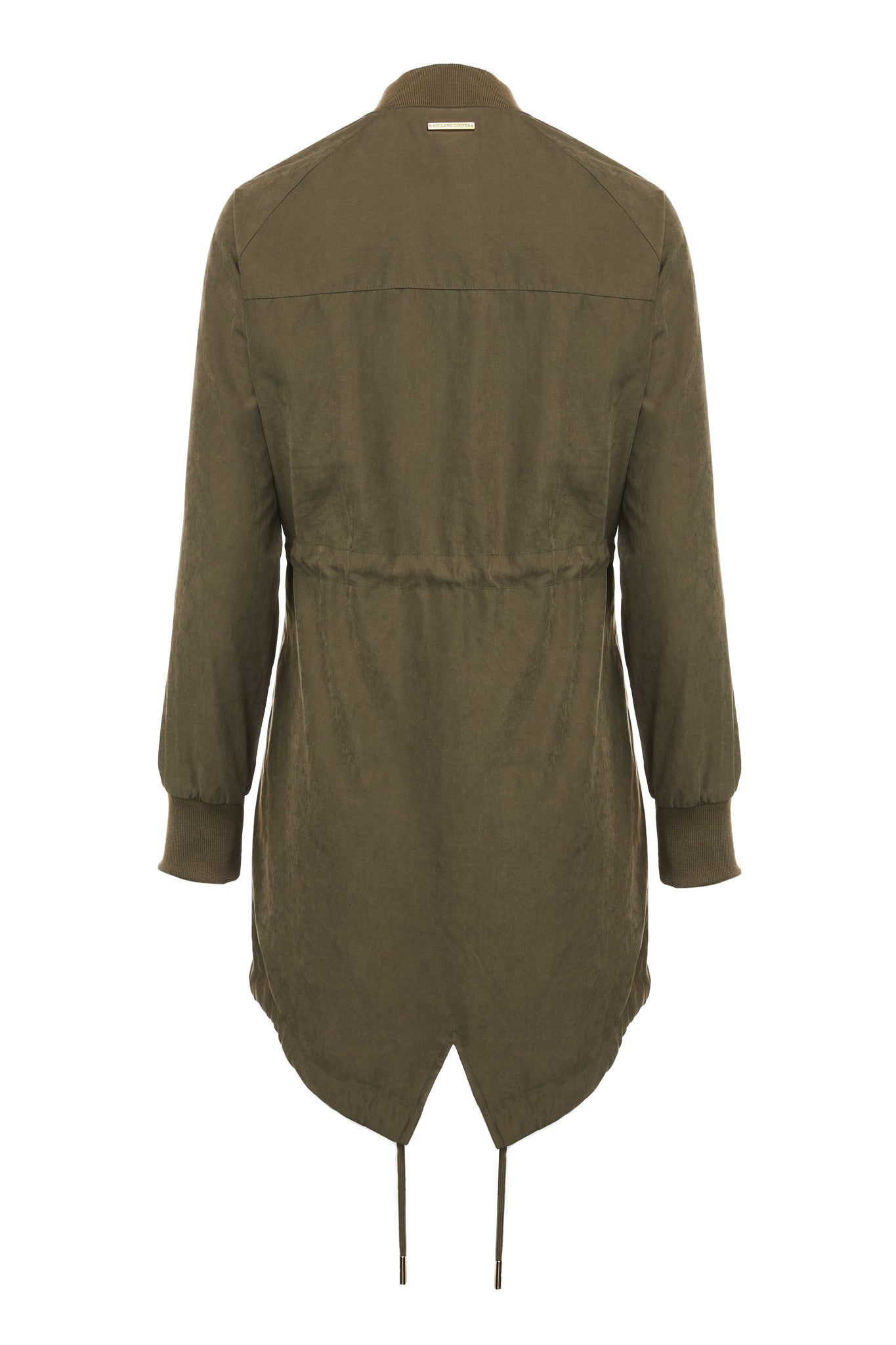 back of brushed suede longline lightweight parka jacket in khaki with an adjustable drawstring waist and fishtail hem and ribbed baseball style jersey collar and cuffs finished with gold hardware and gold shield on sleeve