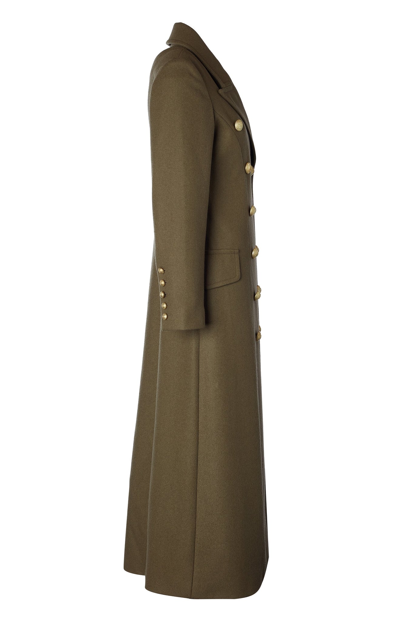 side of Womens khaki knee length wool military double breasted coat