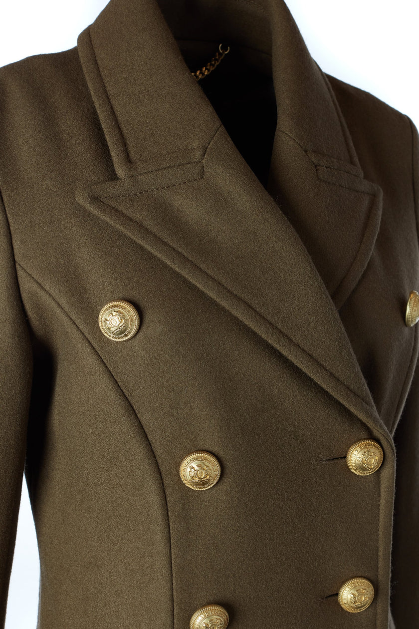 button detail of Womens khaki knee length wool military double breasted coat