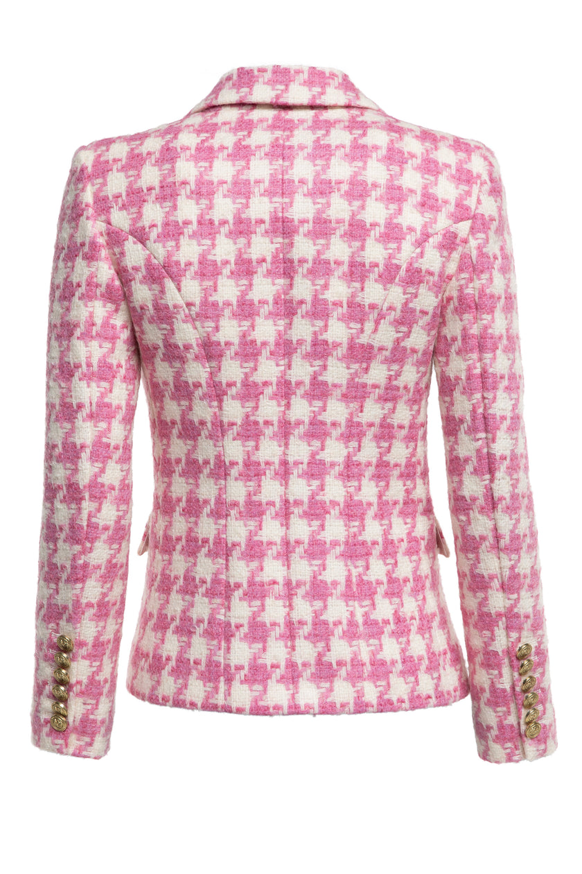 back of pink and white large scale houndstooth fitted blazer double breasted style but with only single button fastening to the one central button for more form fitted tailored look finished with two pockets at hips and gold button details on front and cuffs