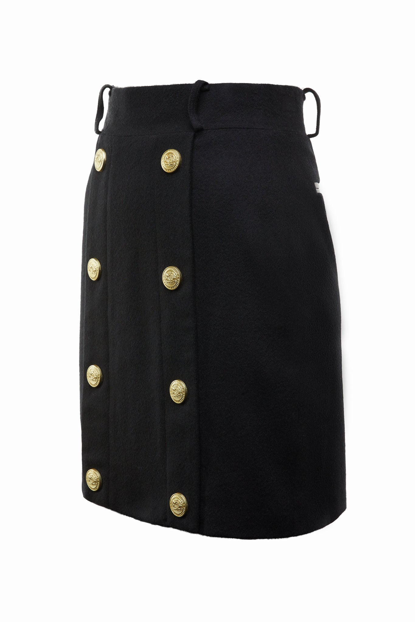 womens black wool pencil mini skirt with concealed zip fastening on centre back and gold rivets down front