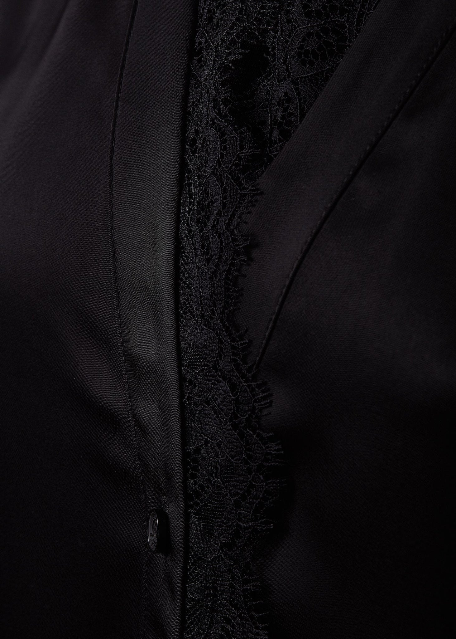 lace detail on womens black long sleeve silk v neck blouse with black lace hem details