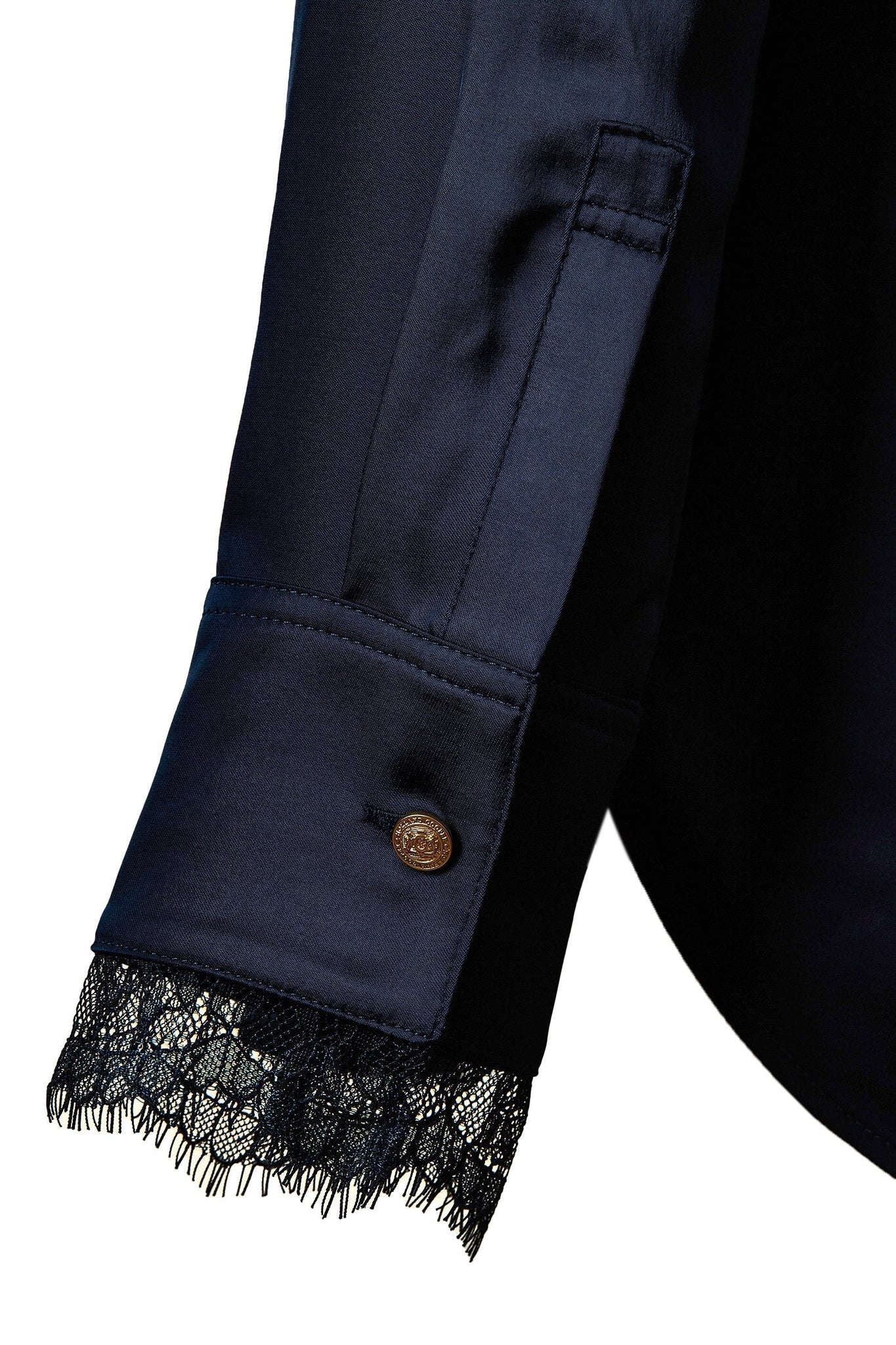 cuff detail on womens blue long sleeve silk v neck blouse with black lace hem details