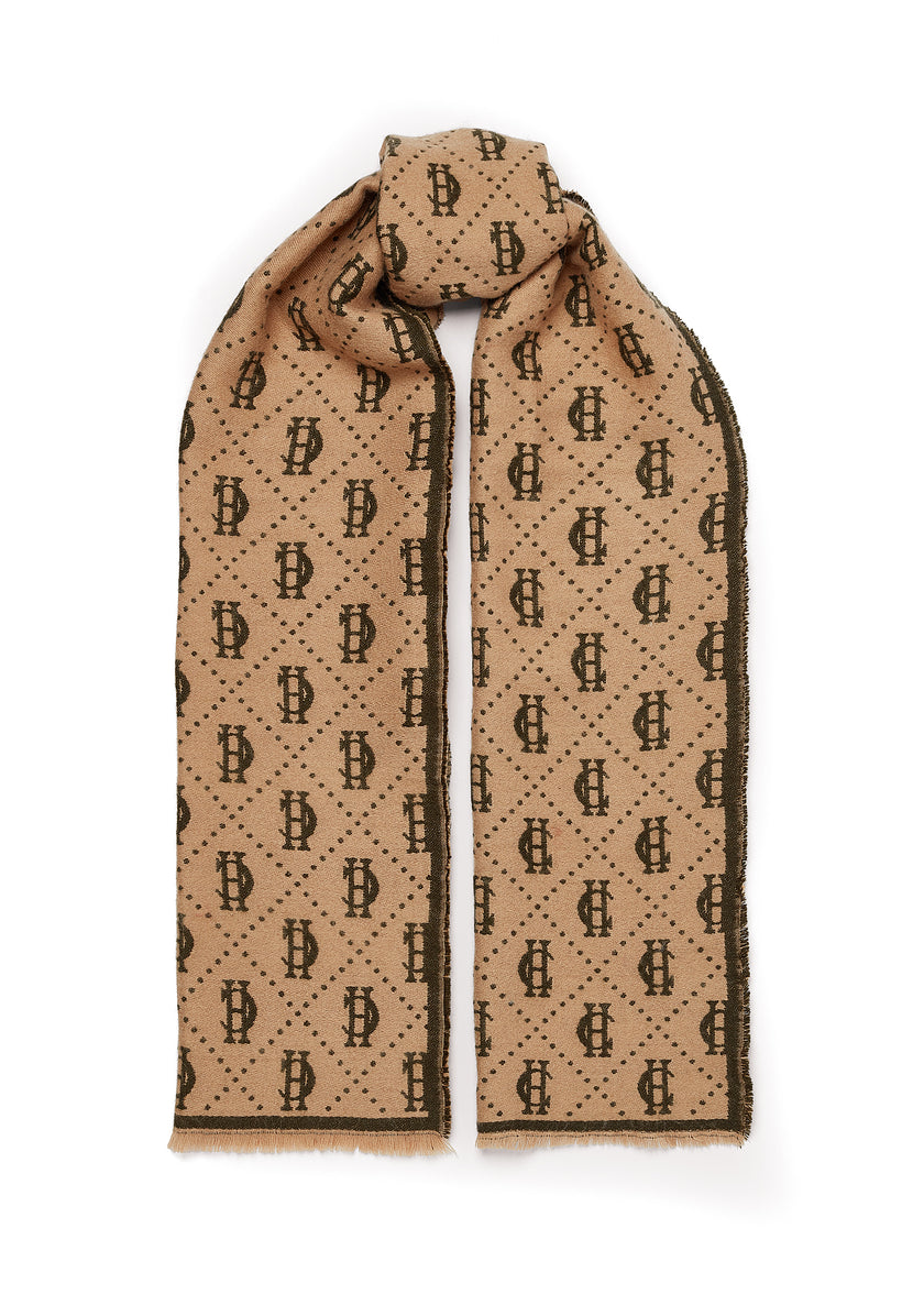 Lightweight Monogram Scarf (Light Camel Forest Green)