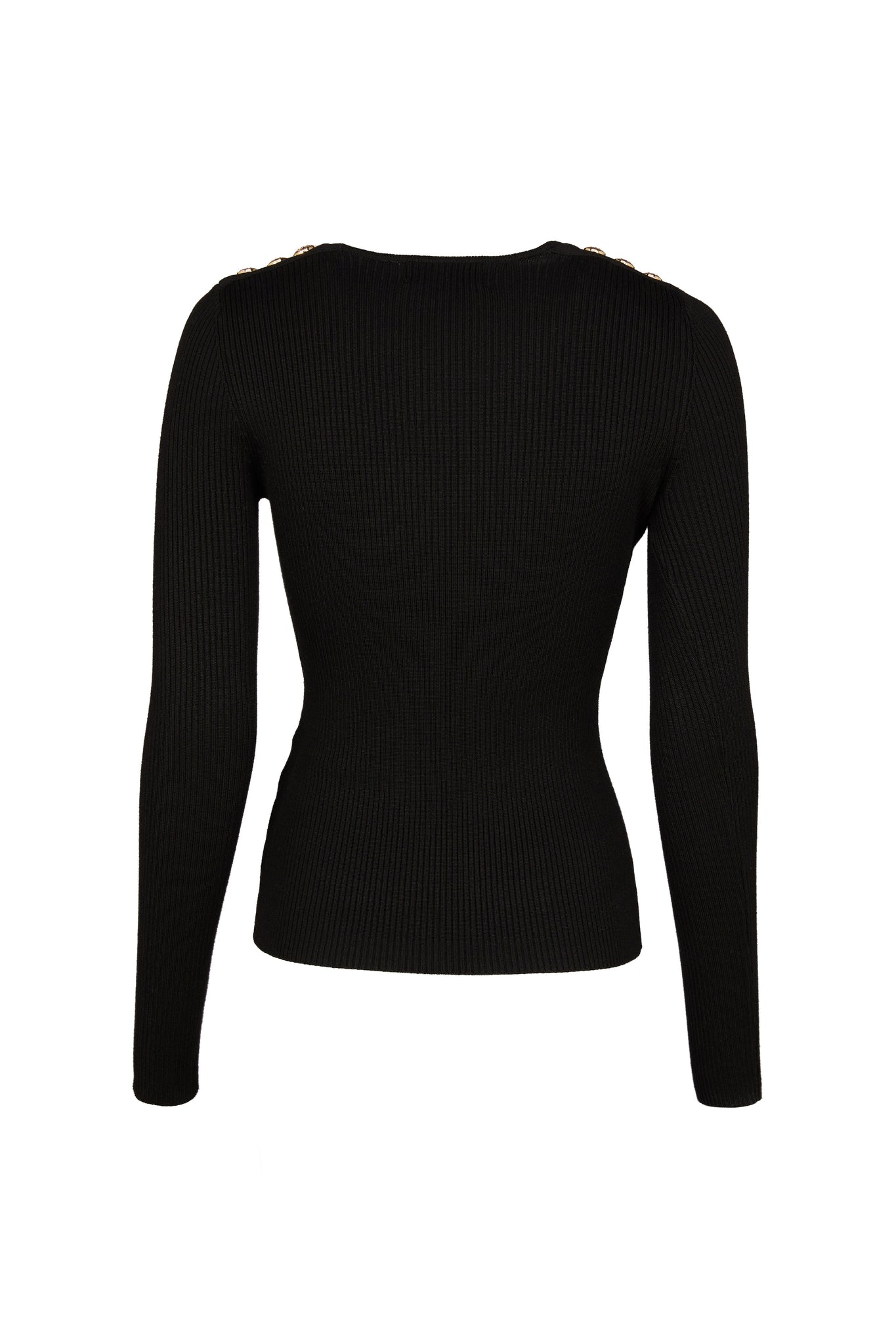 back of a form fitting finely ribbed long sleeved knitted top in black with a sweetheart neckline and gold buttons on shoulders