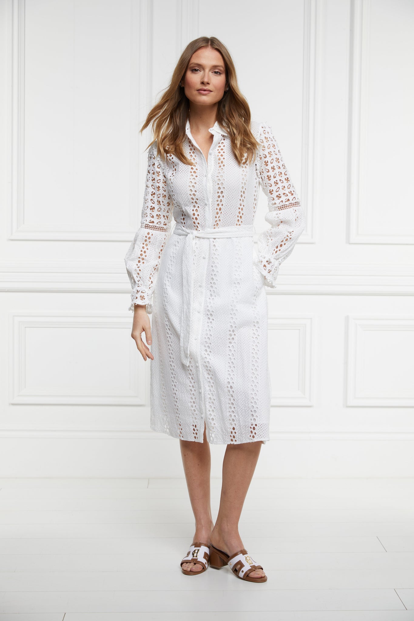 Broderie Lace Tie Midi Dress (White)