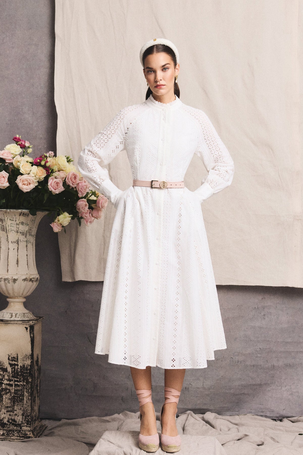 Aimee Collarless Broderie Dress (White)