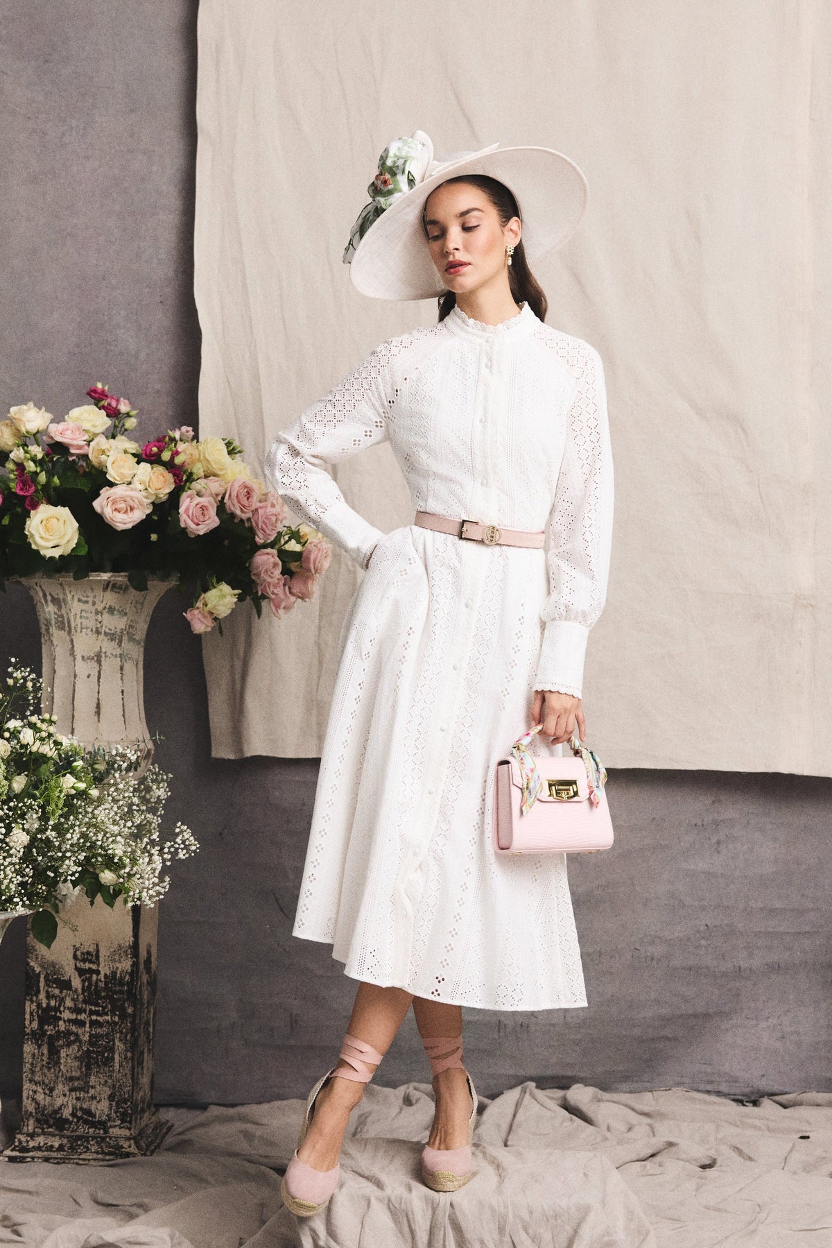 Aimee Collarless Broderie Dress (White)