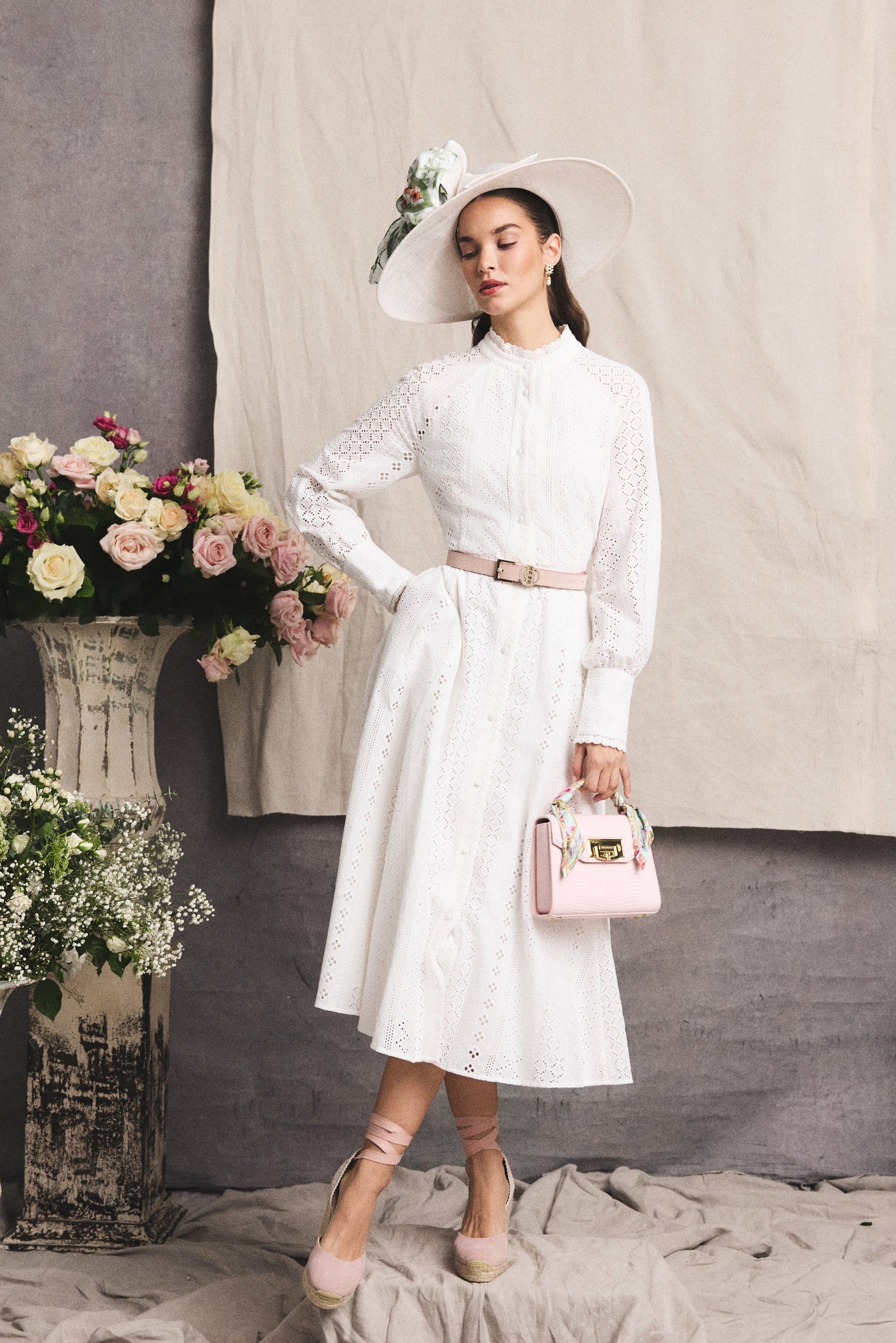Aimee Collarless Broderie Dress (White)