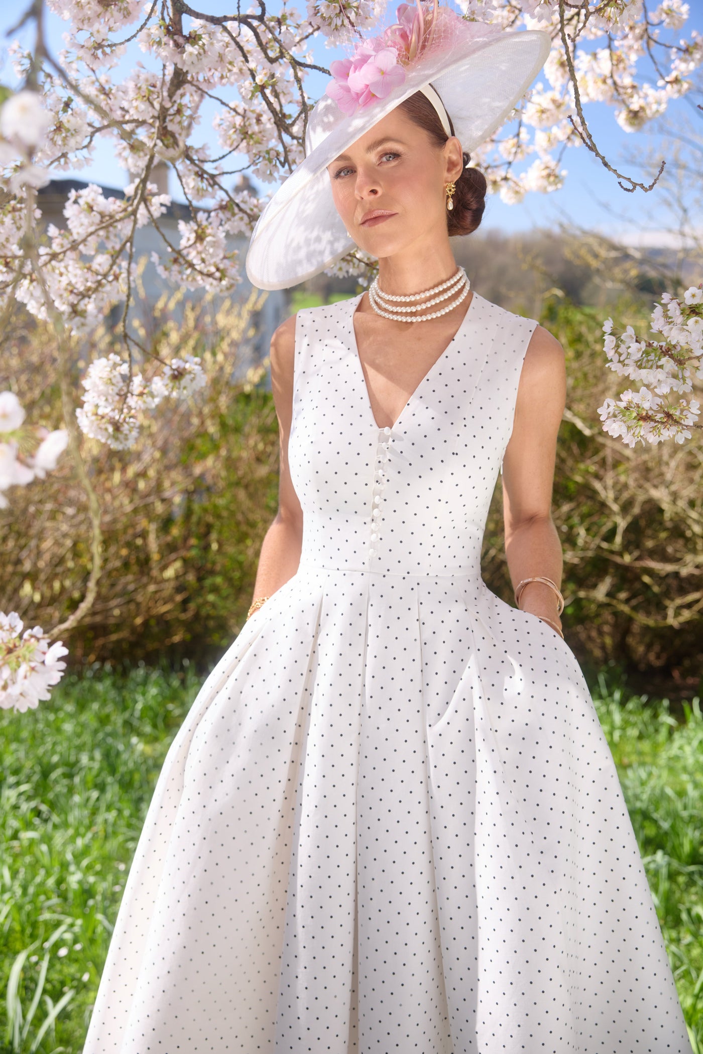 Lucie Sleeveless Dress (White Polka Dot)