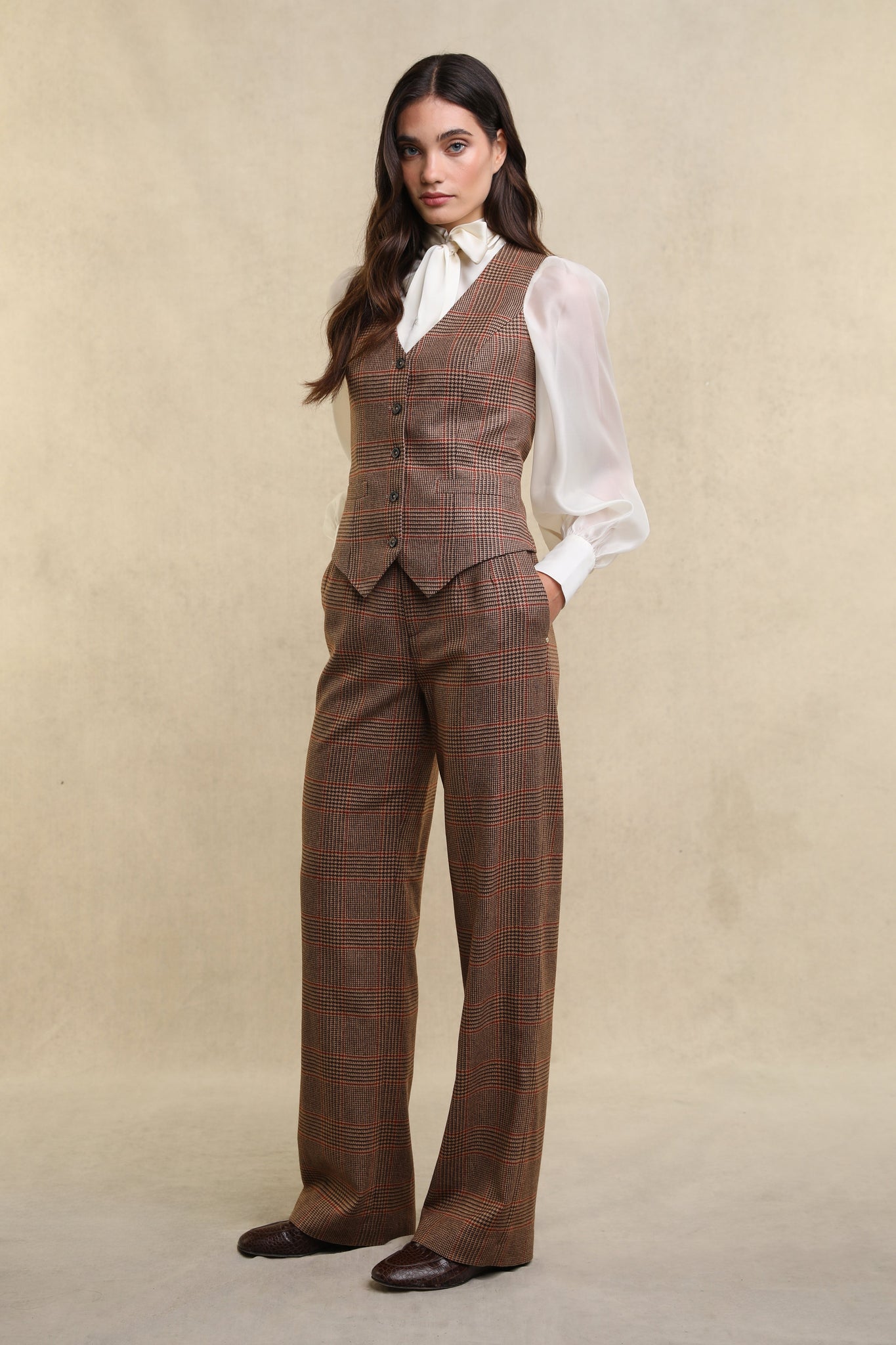 High Waisted Straight Trouser (Clarence Check Merlot)