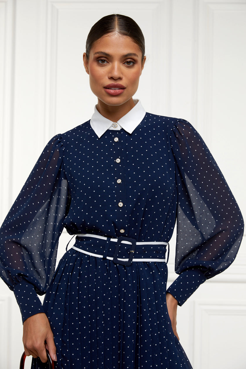 Annabel Pleated Midi Dress (Ink Navy Polka Dot)