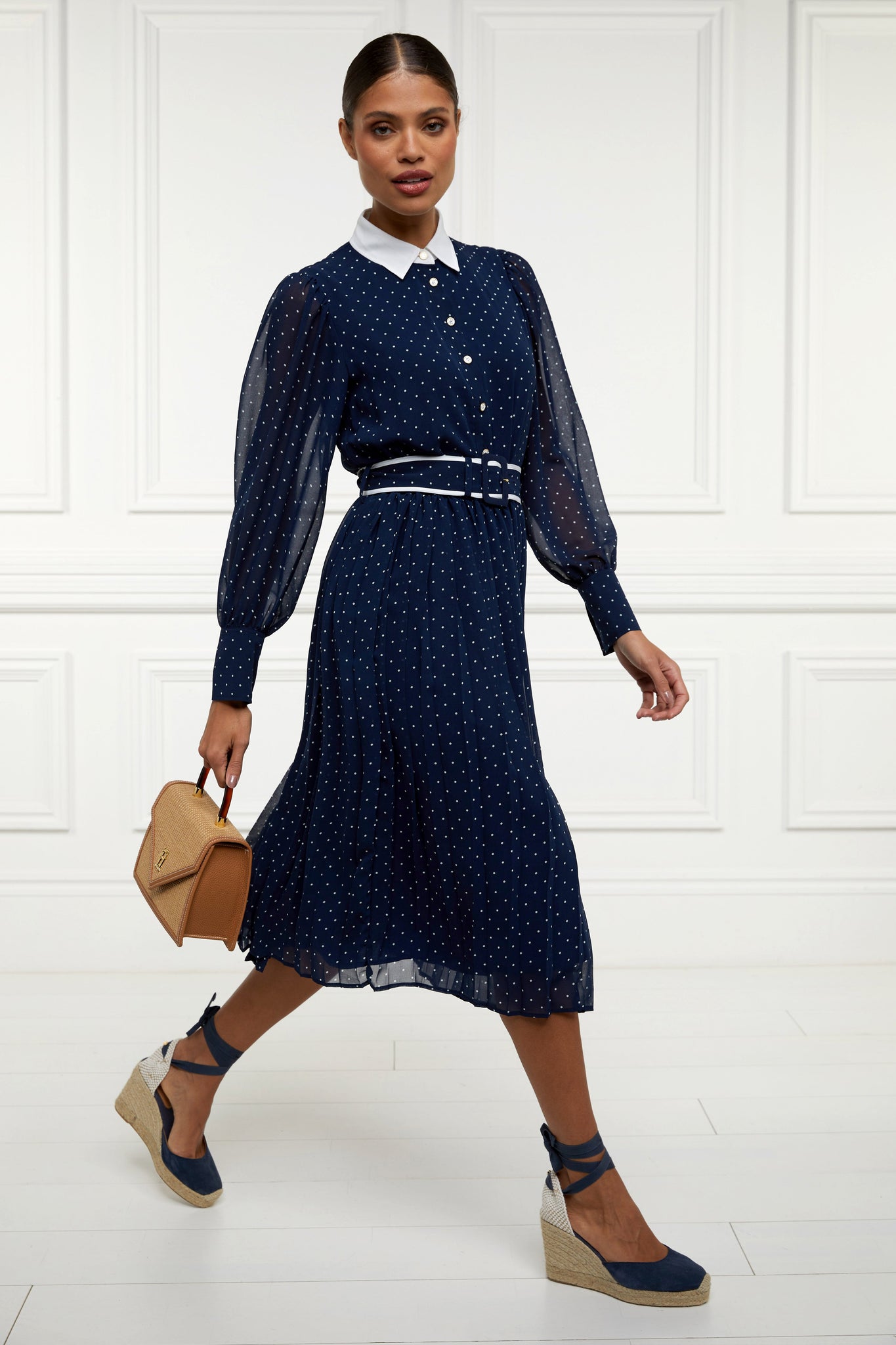 Annabel Pleated Midi Dress (Ink Navy Polka Dot)