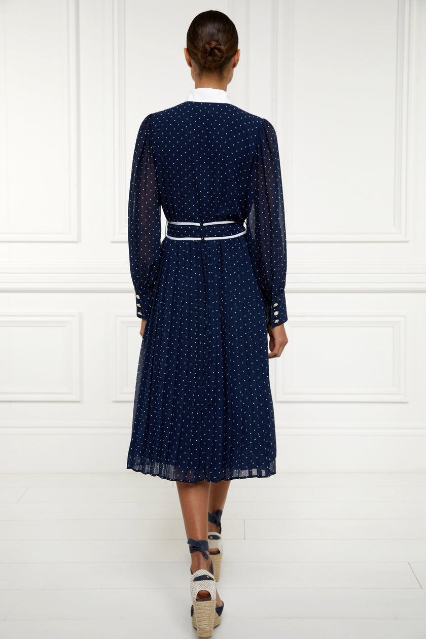 Annabel Pleated Midi Dress (Ink Navy Polka Dot)