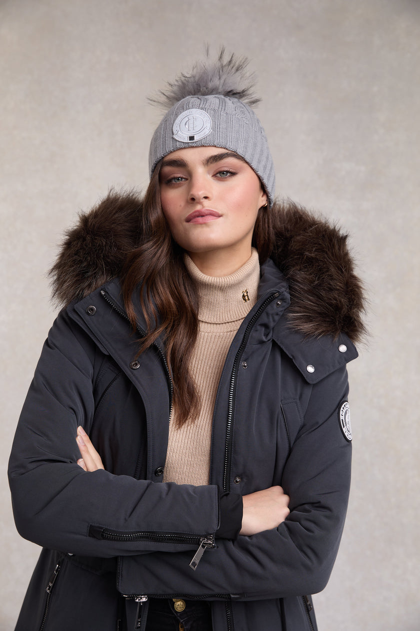 Cable Faux Fur Bobble Hat (Grey Marl)