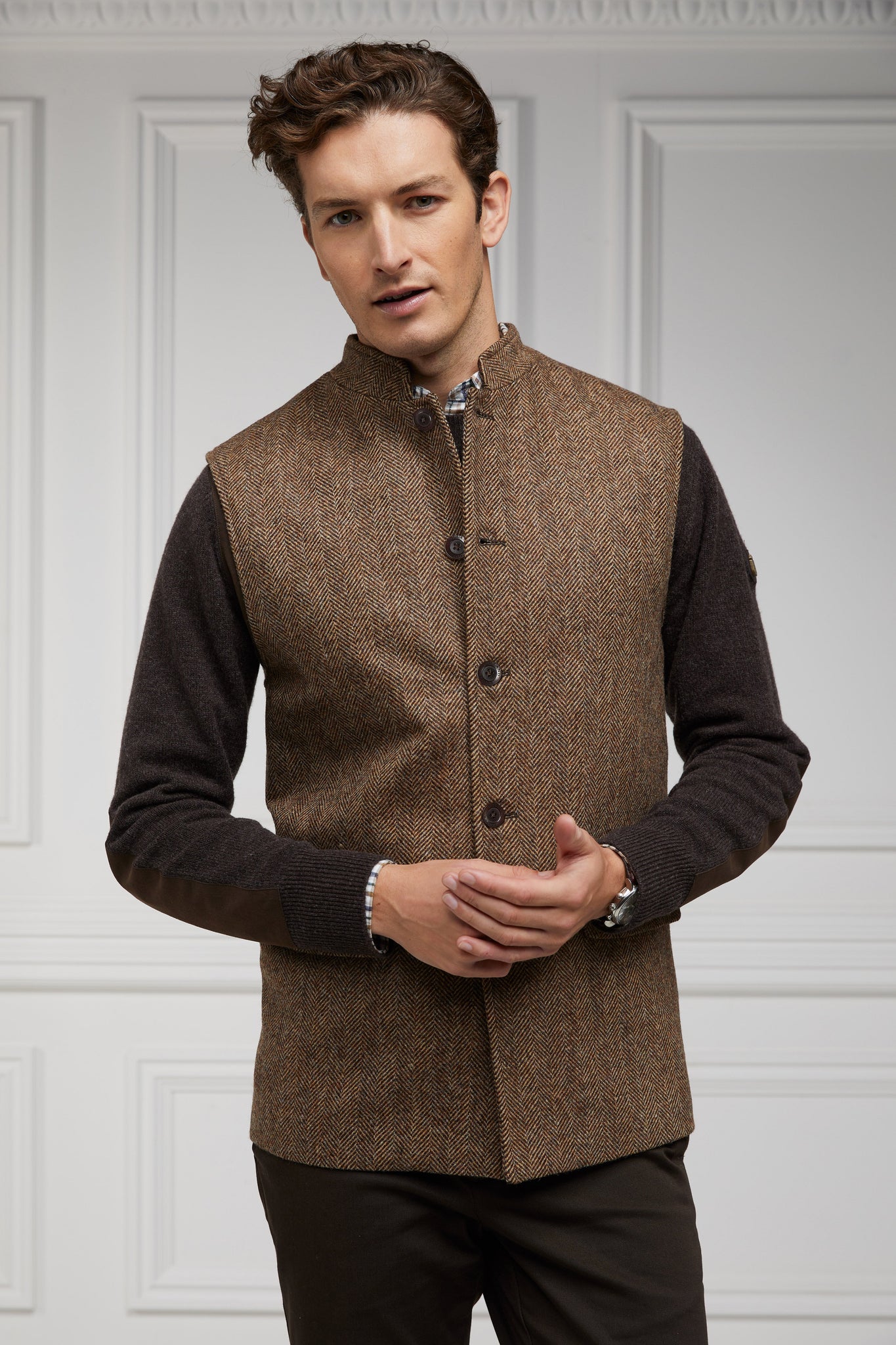 Nehru Gilet (Large Scale Brown Herringbone)