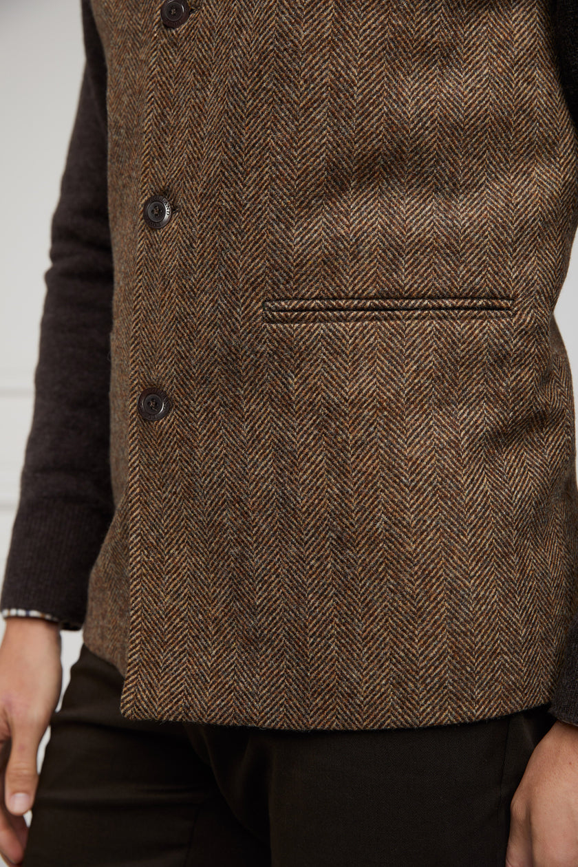 Nehru Gilet (Large Scale Brown Herringbone)