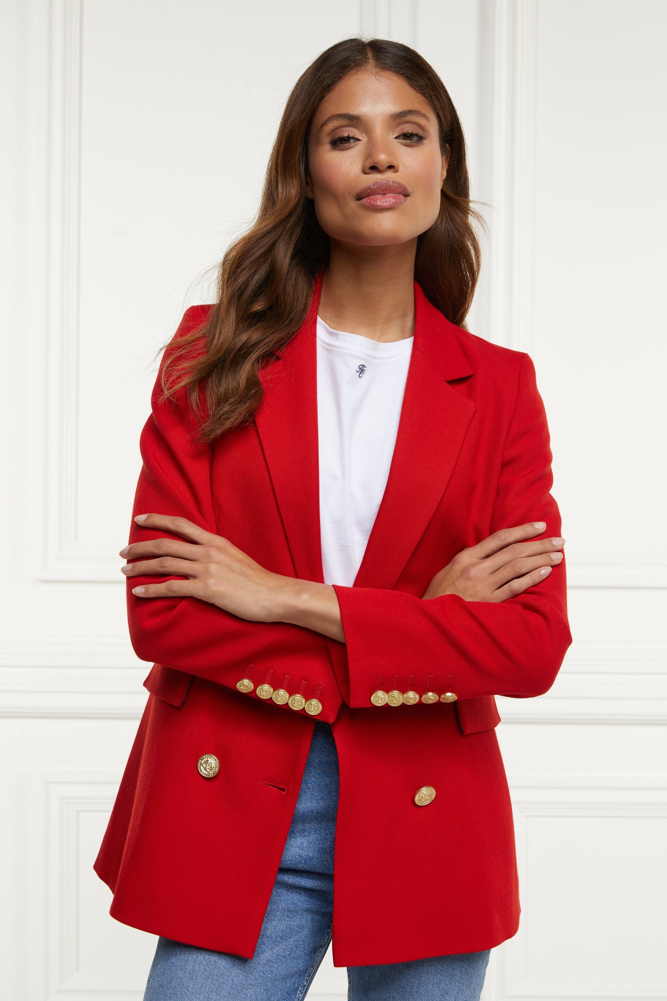 double breasted wool blazer in red barathea with two hip pockets and gold button details down front and on cuffs and handmade in the uk