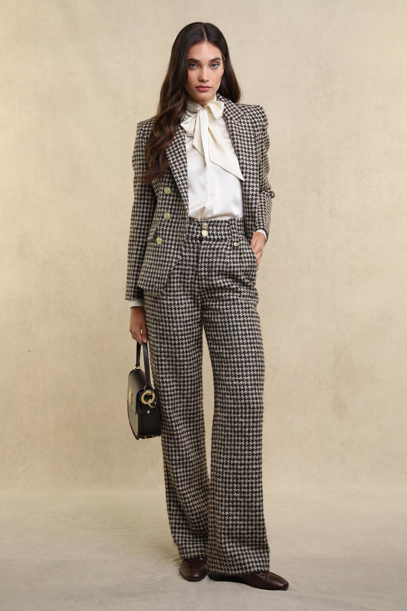 High Waisted Straight Trouser (Coffee Houndstooth)