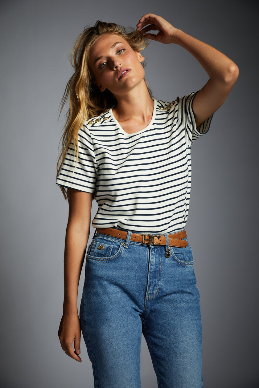 Padstow Crew Neck Tee (Natural Ink Navy Stripe)