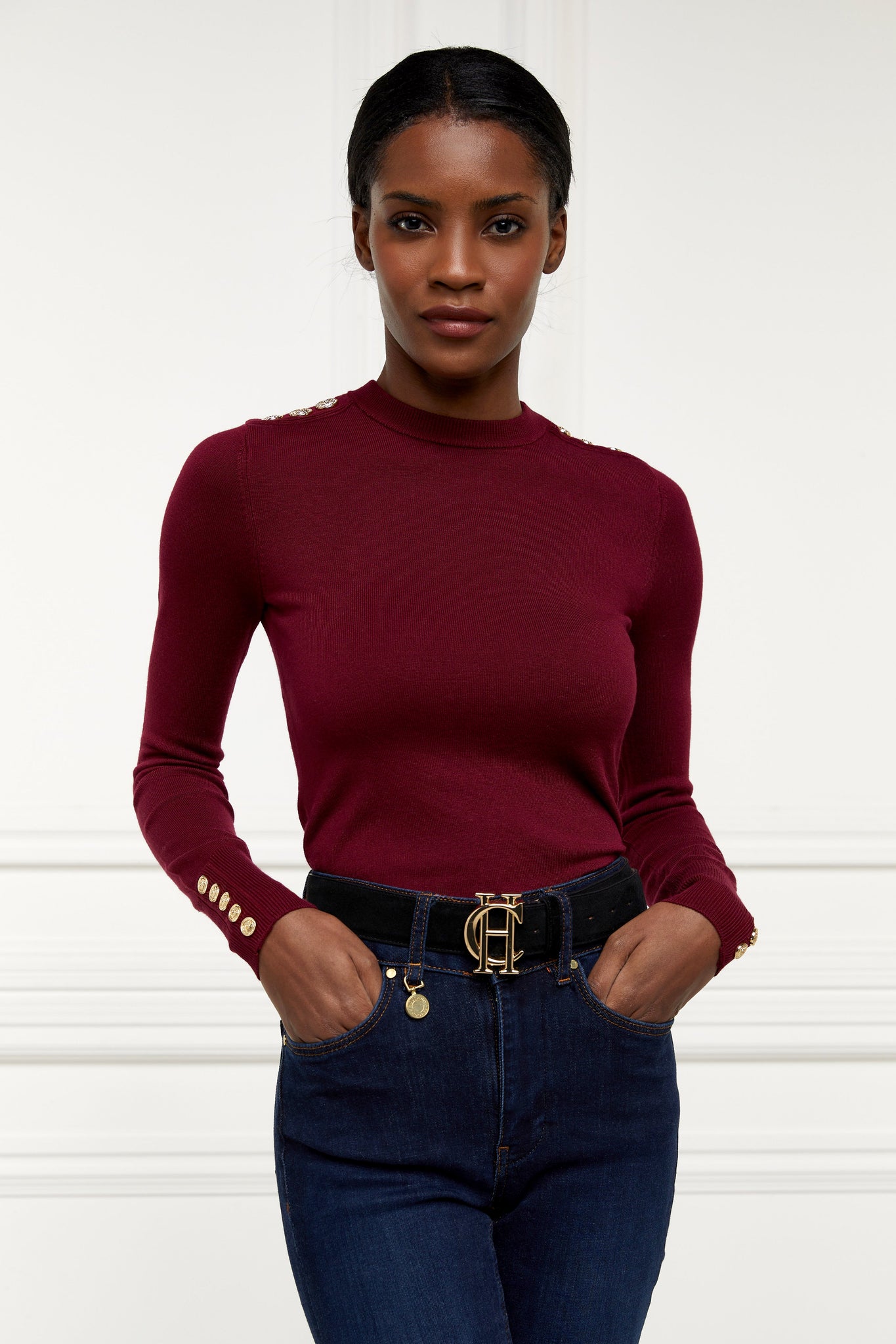 Buttoned Knit Crew Neck (Wine)