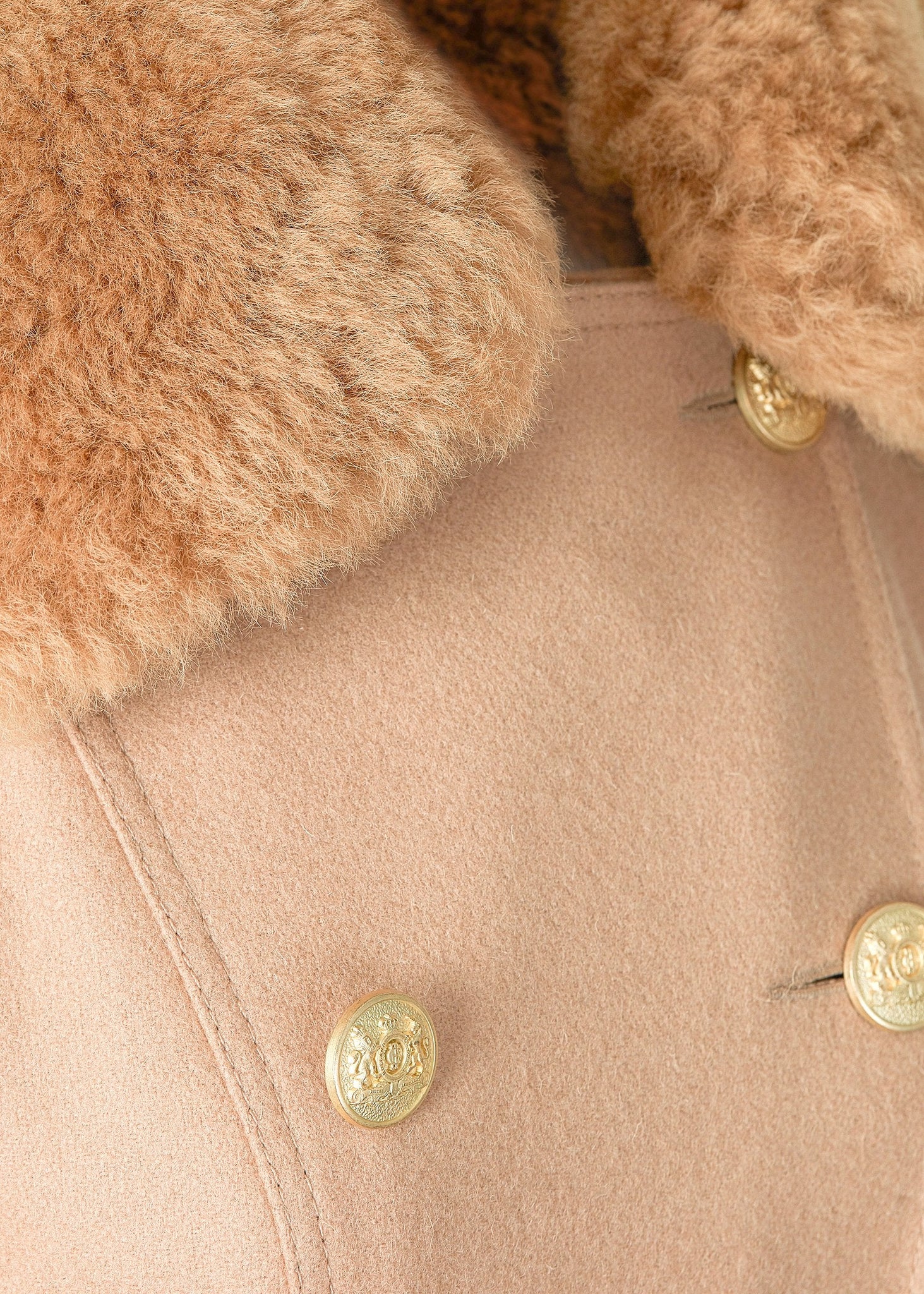 womens natural wool houndstooth double breasted full length trench coat with natural faux fur collar