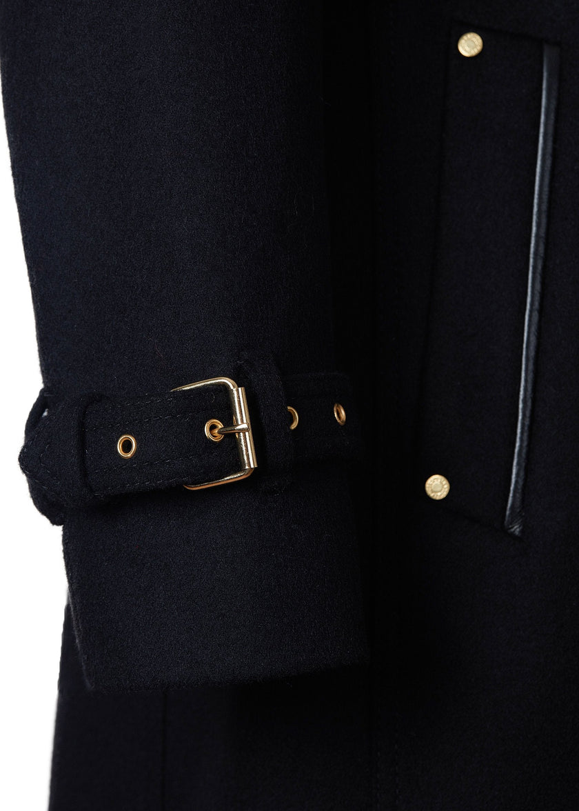 cuff detail on sleeve on womens black wool double breasted full length trench coat with black faux fur collar