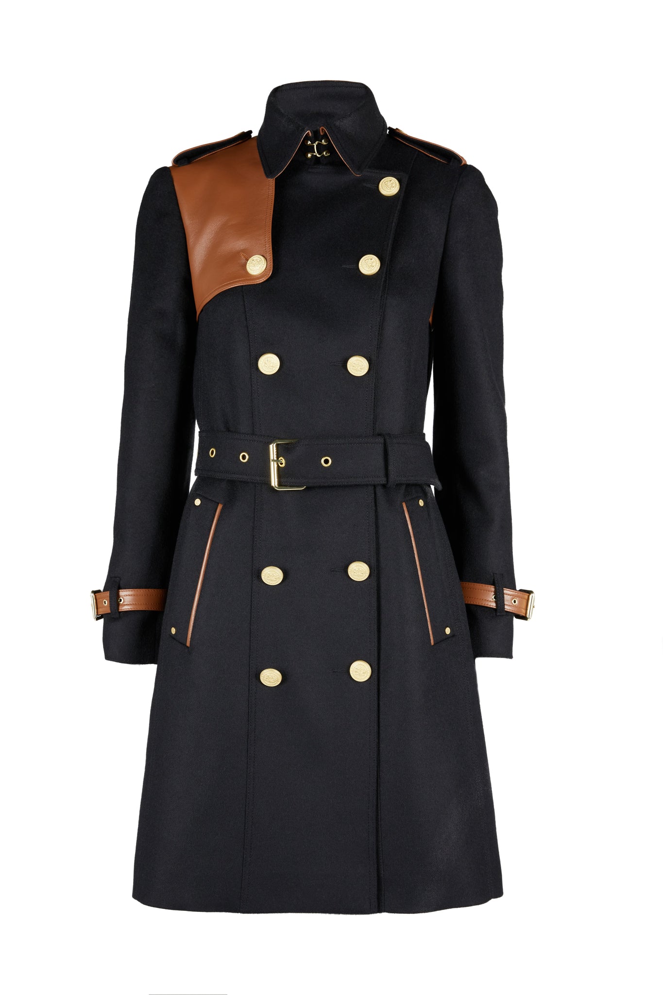 Womens black and tan brown leather detailed with gold hardware knee length wool trench coat