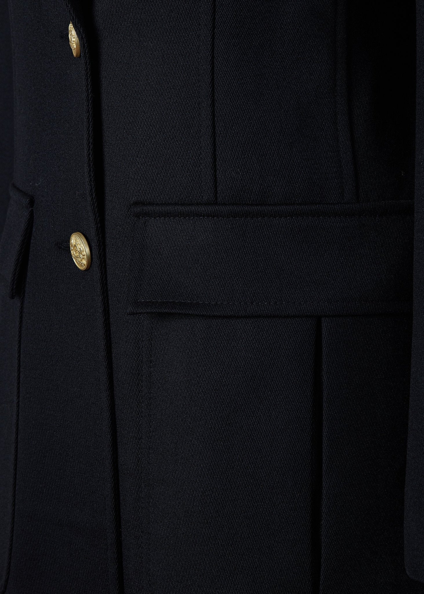 pocket detail and gold front buttons on relaxed fit single breasted blazer breasted blazer in black with patch pockets and tonal black leather elbow patches and collar