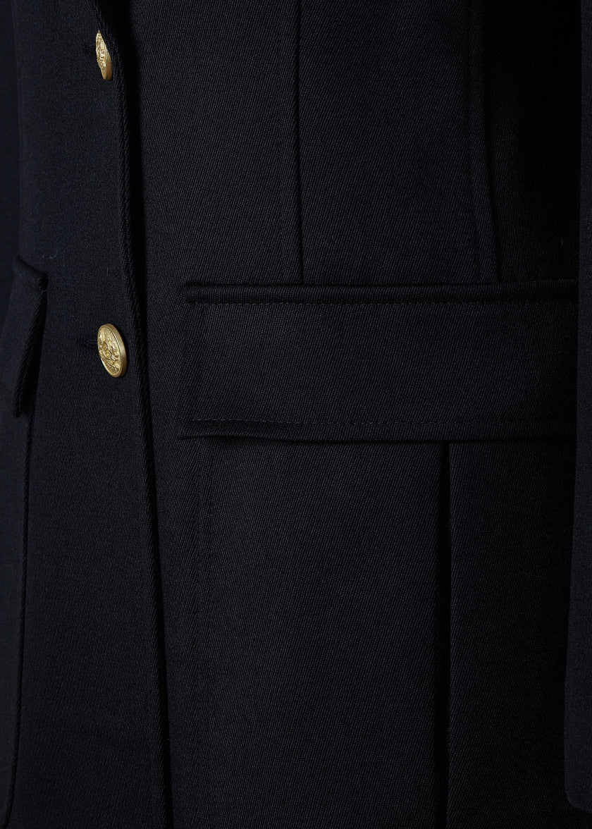 pocket detail and gold front buttons on relaxed fit single breasted blazer breasted blazer in black with patch pockets and tonal black leather elbow patches and collar