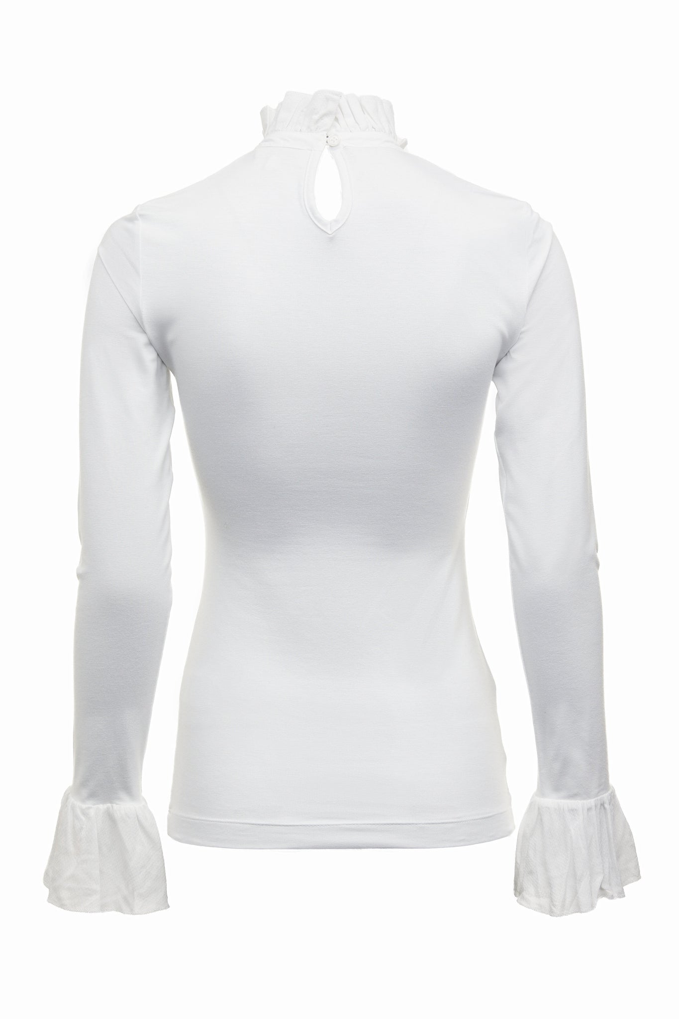 back image of a neatly fitted white long sleeve top with ruffled neckline and cuffs with frilly chest detail