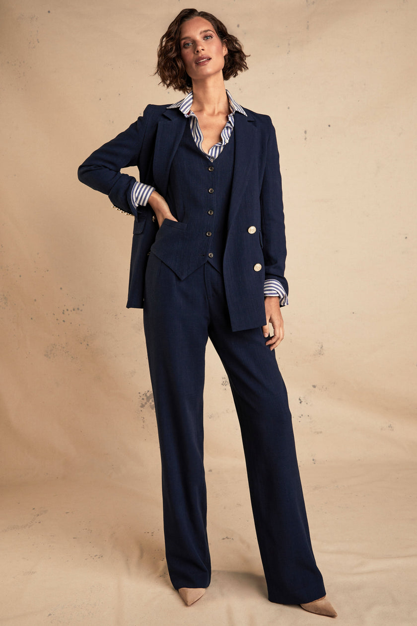 High Waisted Straight Trouser (Navy Linen)