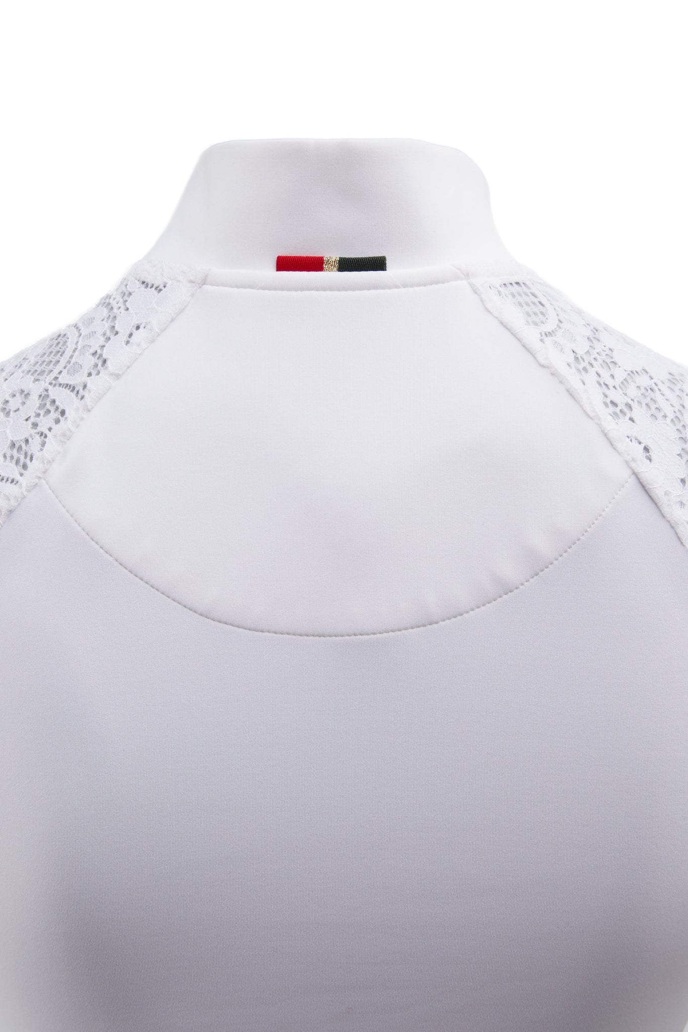 back of white turtle neck short sleeve base layer with lace across shoulders and a sweetheart neckline 