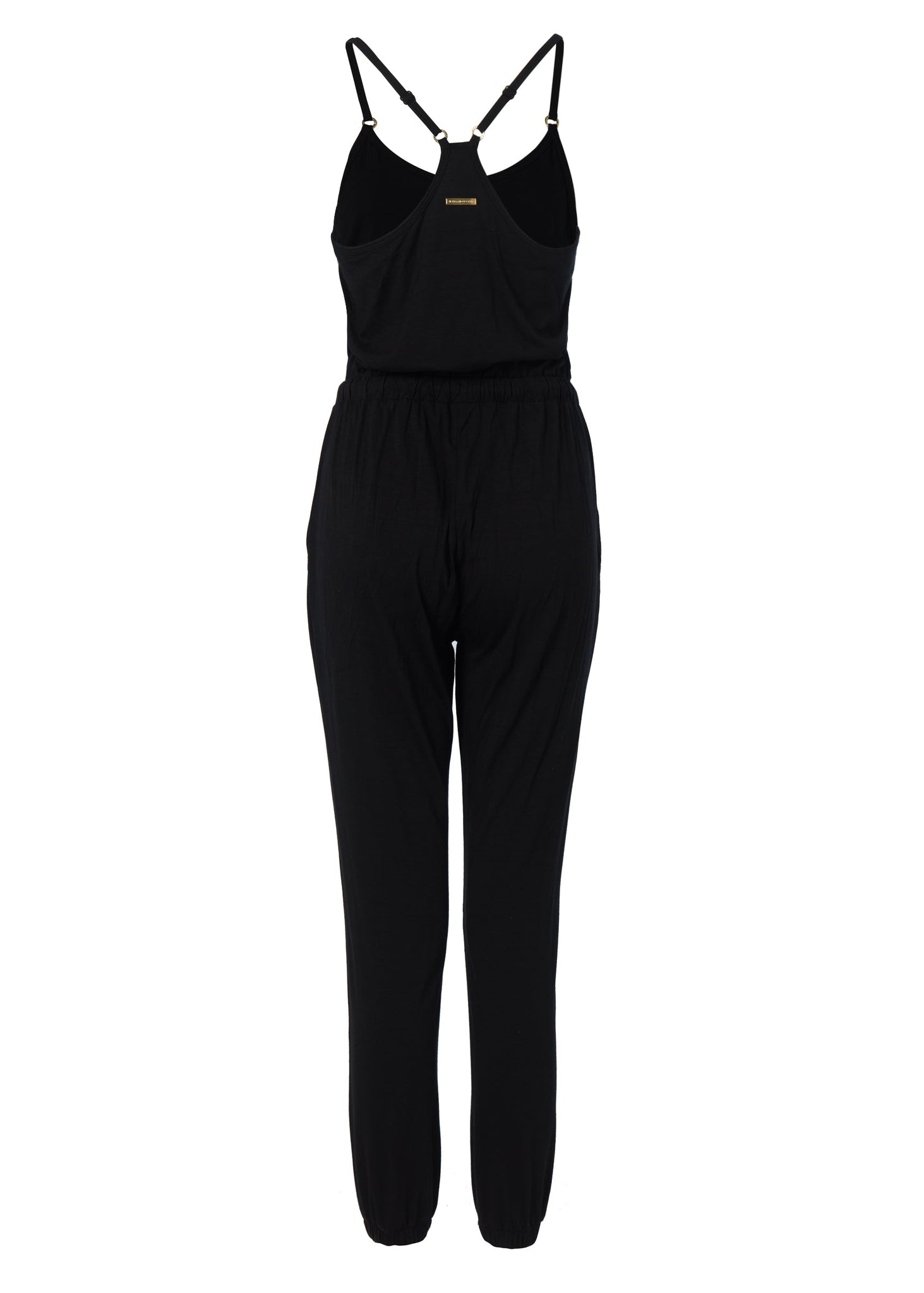 back of womens black relaxed fit jumpsuit with a drawstring waist and adjustable spaghetti straps and cuffed ankles