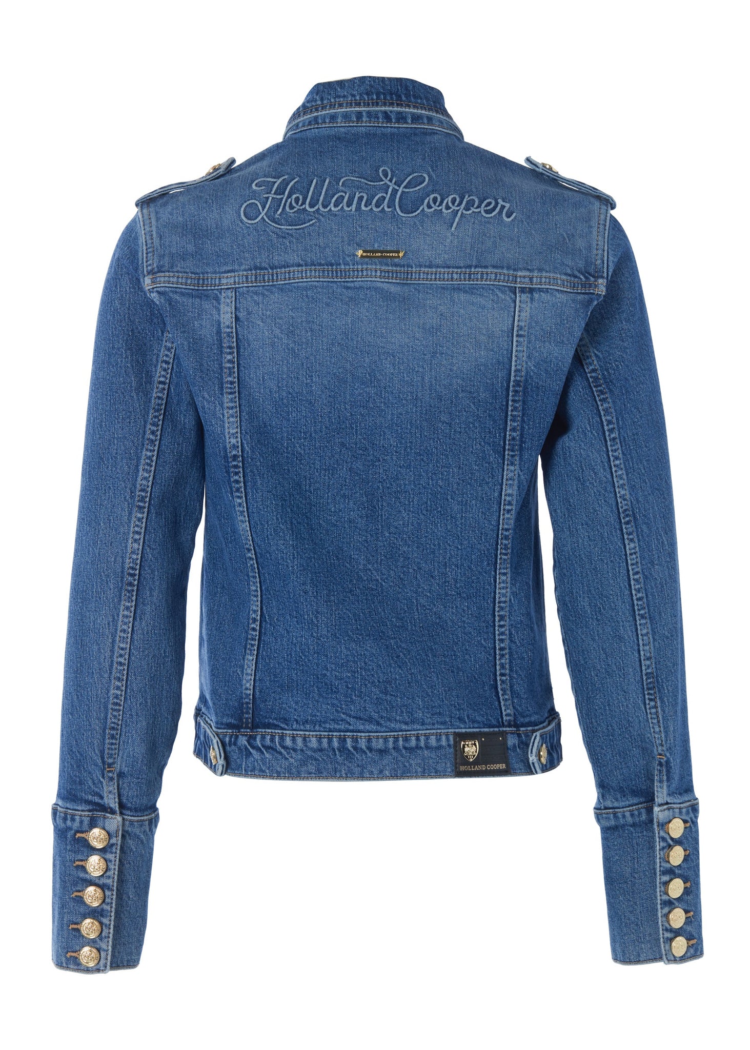 back of classic indigo denim jacket waist length with gold buttons on front, pockets and cuffs with holland cooper embroidery on back