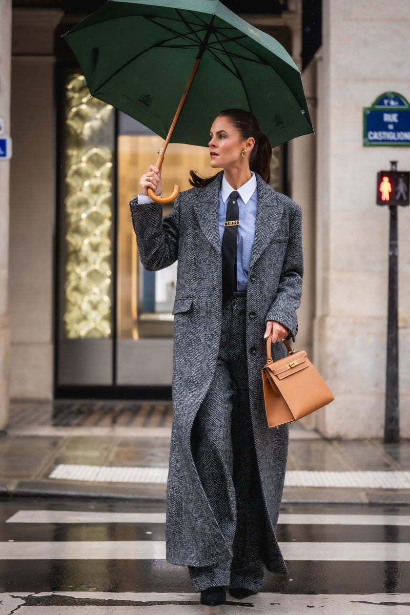 High Waisted Wide Leg Trouser (Ebony Herringbone)