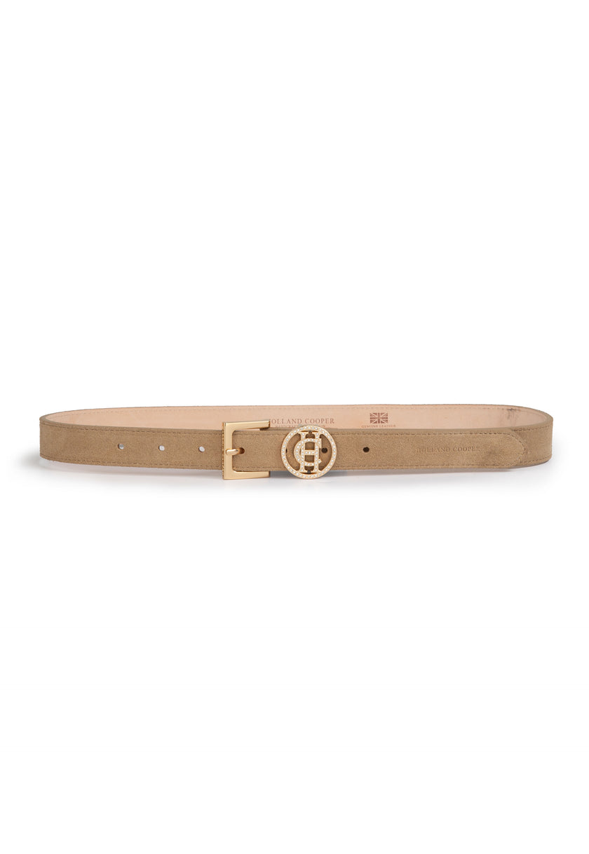 Crystal Slim Logo Belt (Taupe Suede)