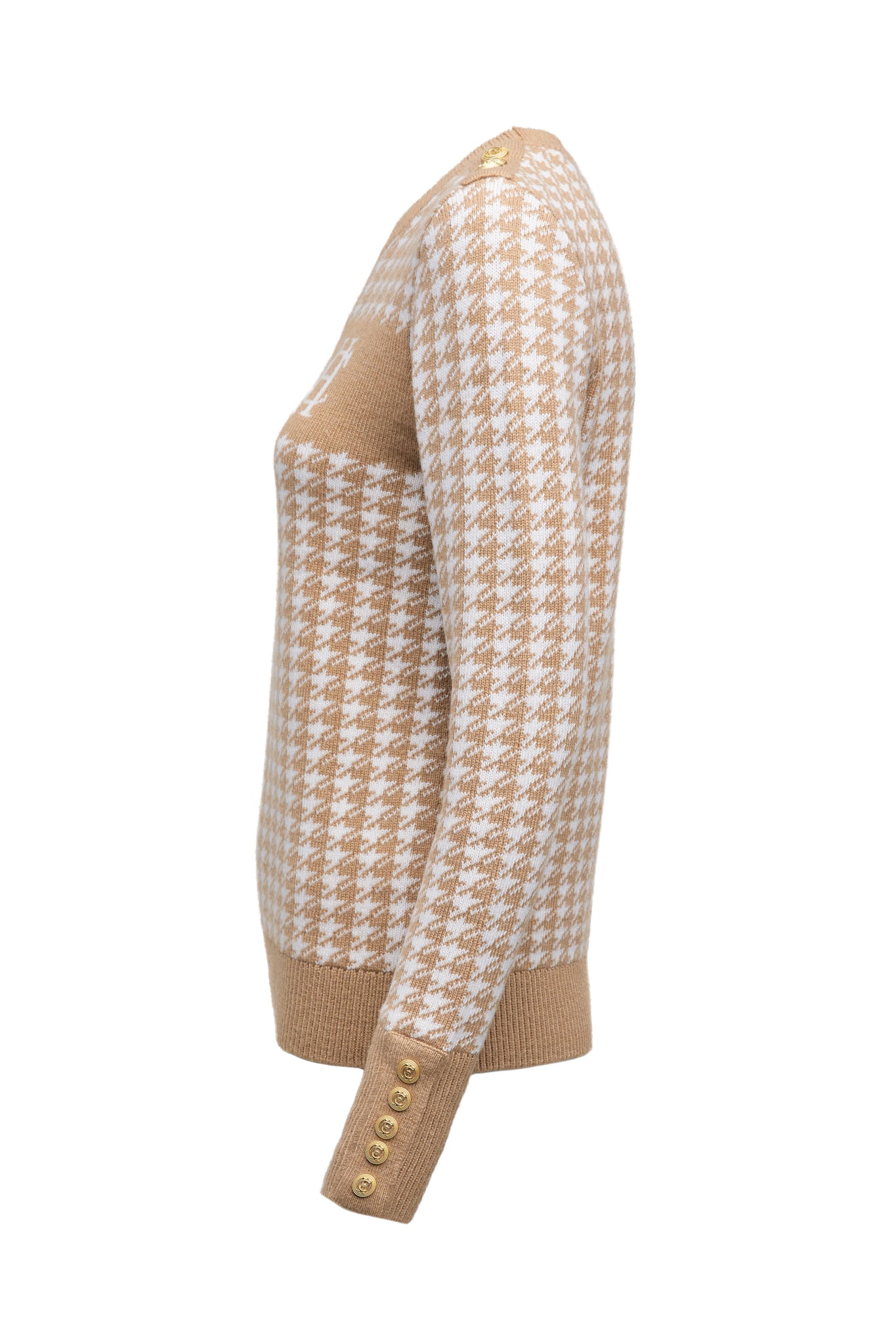 Panel Crew Neck Knit (Camel Houndstooth)