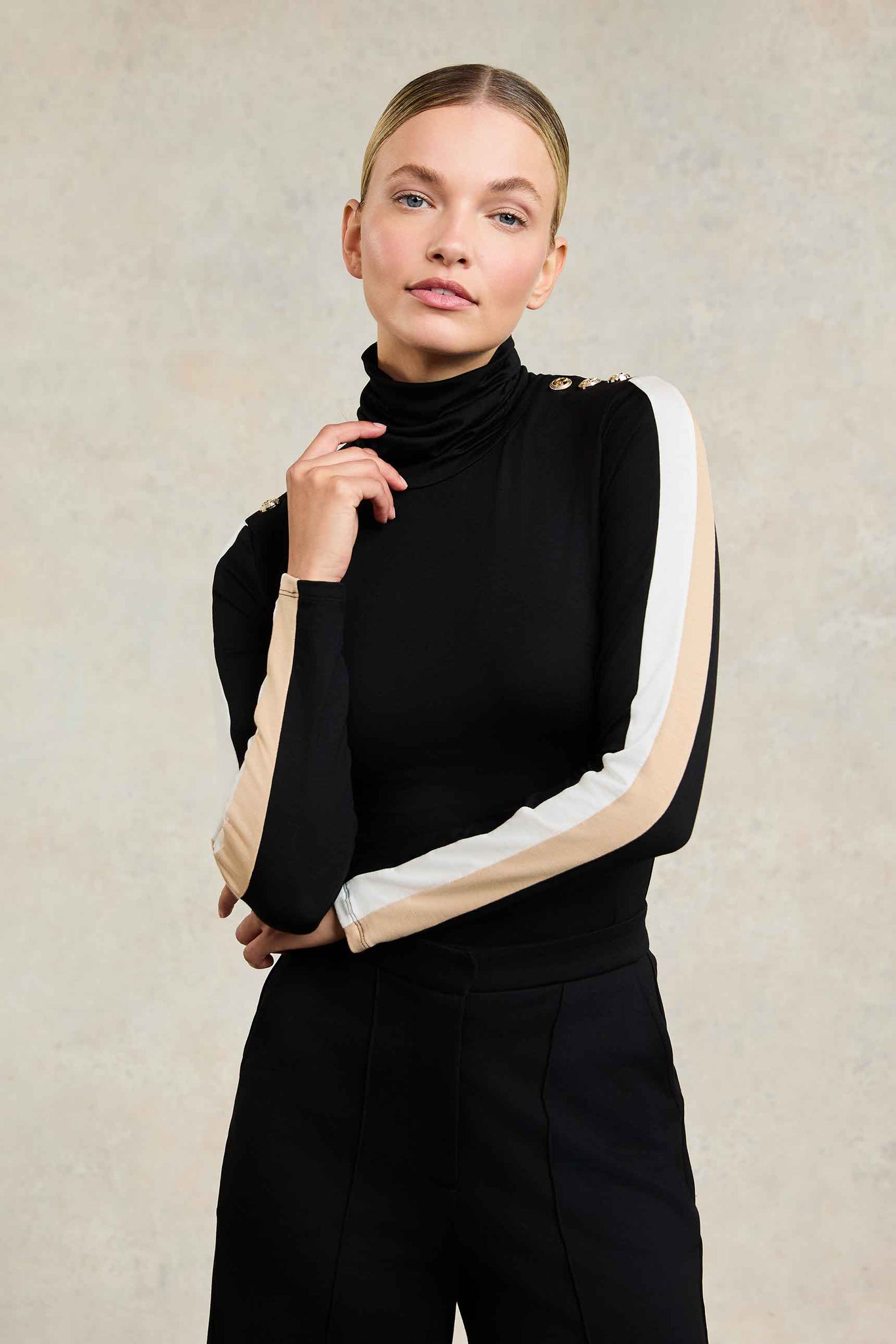 Panel Long Sleeve Roll Neck (Black Camel)